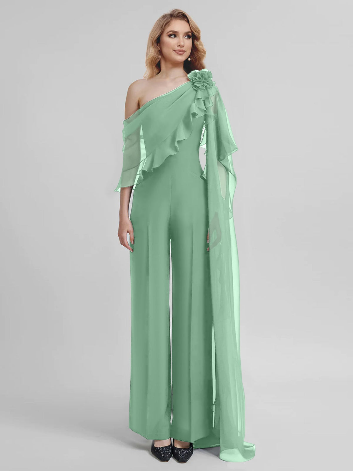 Chiffon One Shoulder Jumpsuits With Half Sleeves For Mother Of The Bride