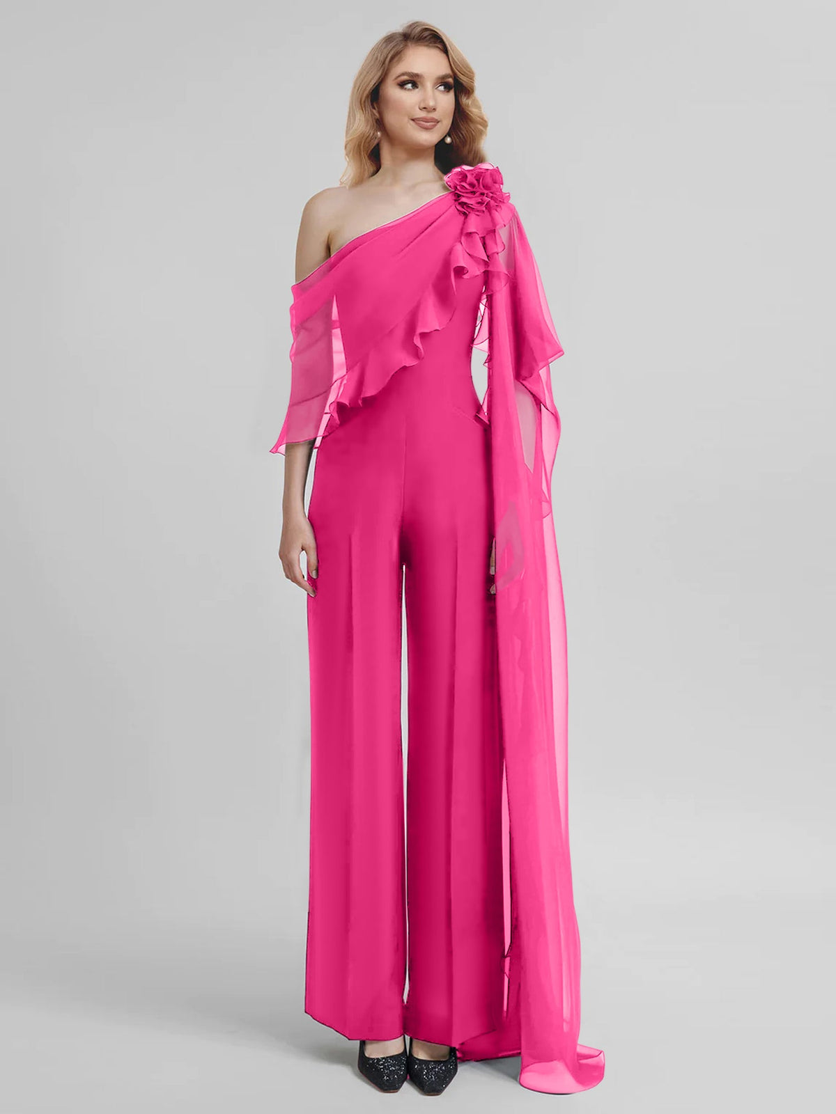 Chiffon One Shoulder Jumpsuits With Half Sleeves For Mother Of The Bride
