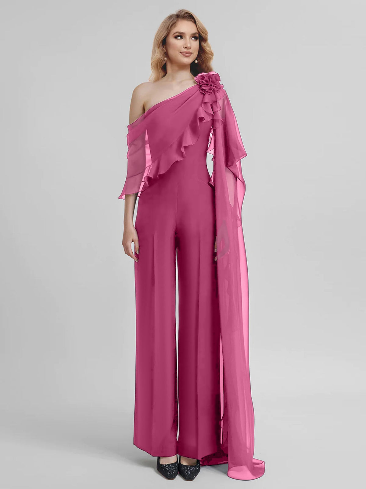 Chiffon One Shoulder Jumpsuits With Half Sleeves For Mother Of The Bride
