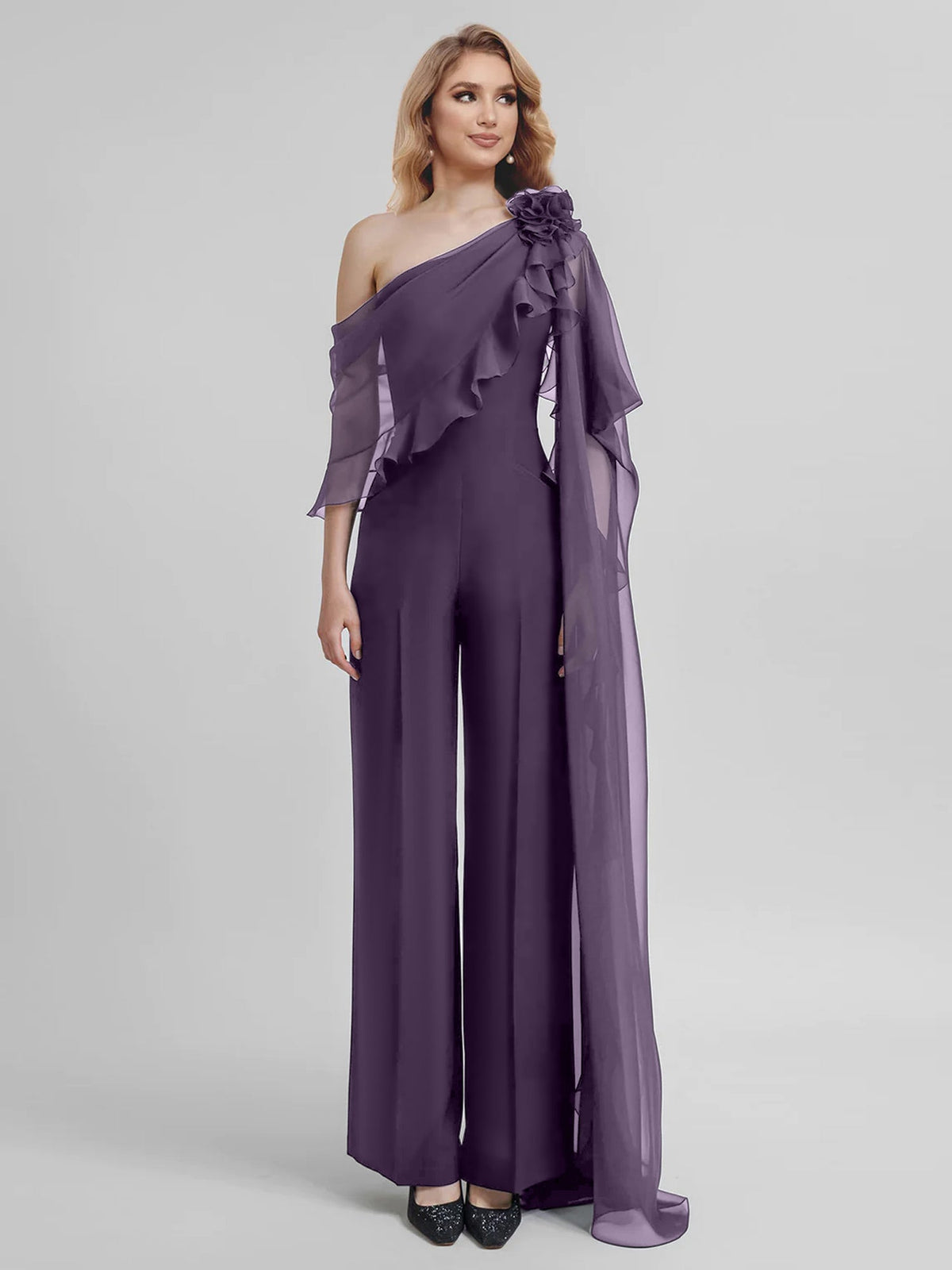 Chiffon One Shoulder Jumpsuits With Half Sleeves For Mother Of The Bride