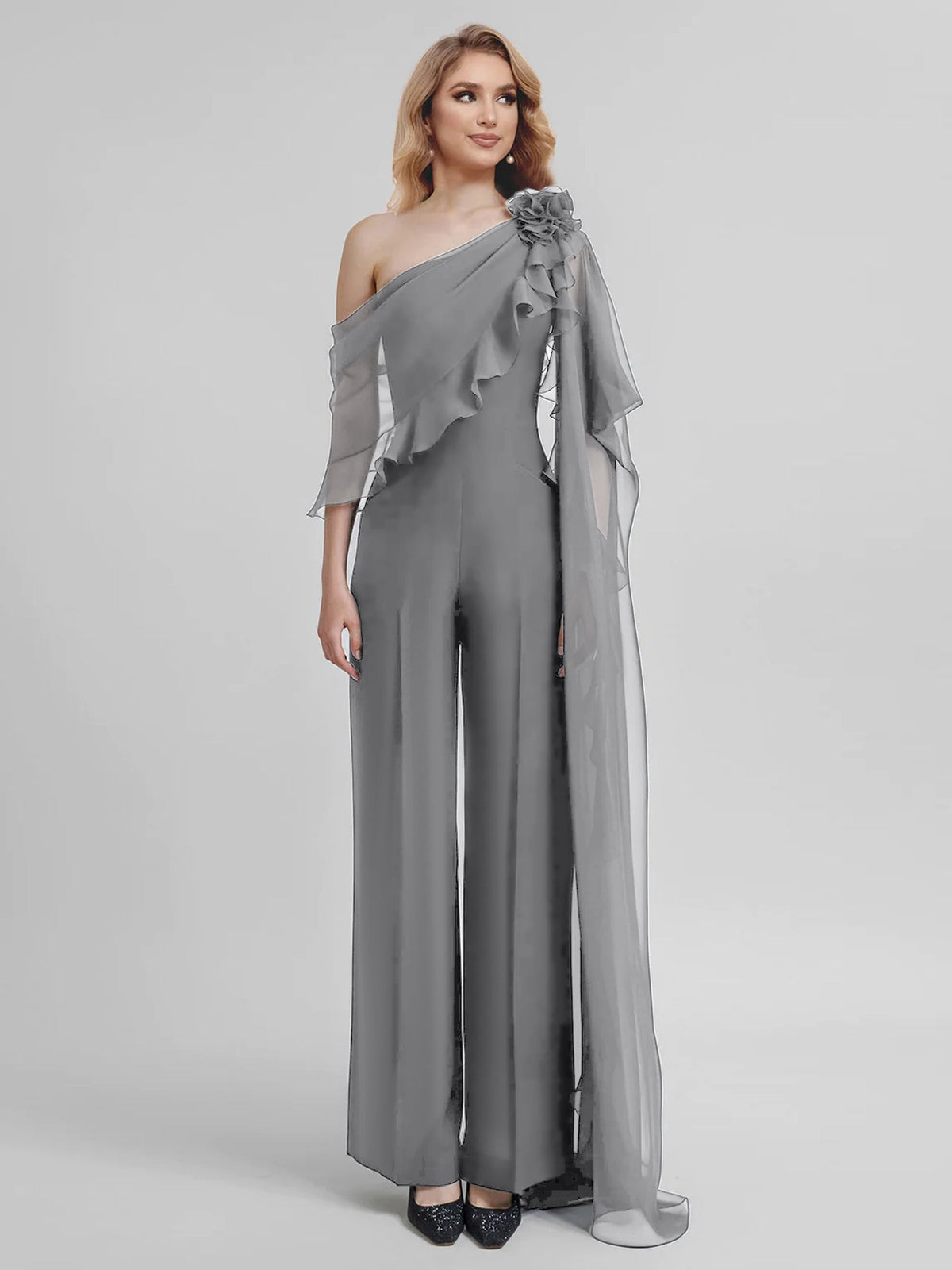 Chiffon One Shoulder Jumpsuits With Half Sleeves For Mother Of The Bride