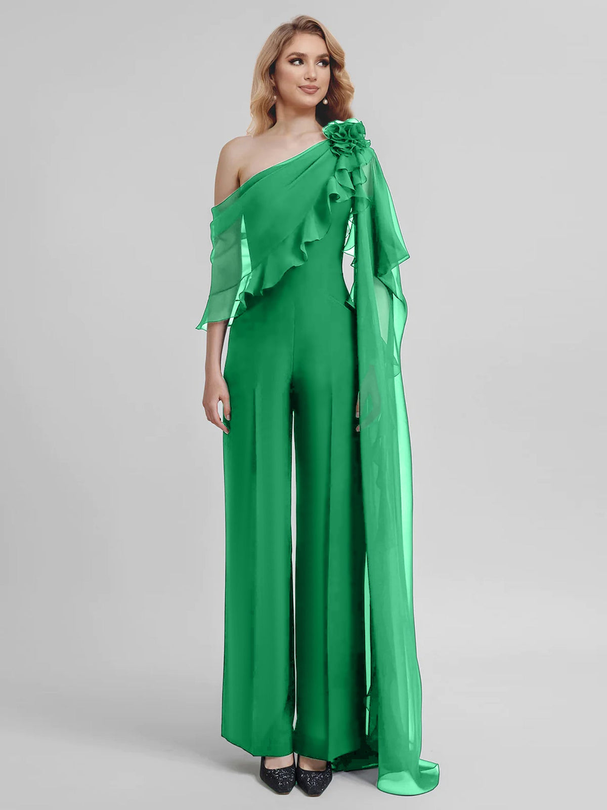 Chiffon One Shoulder Jumpsuits With Half Sleeves For Mother Of The Bride