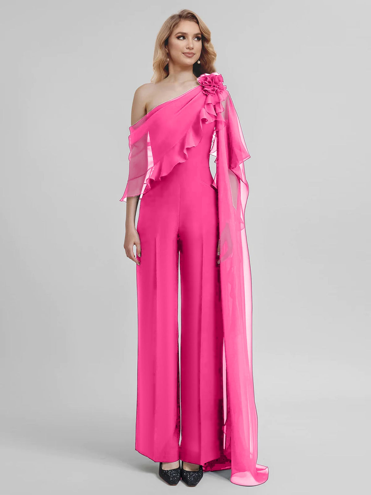 Chiffon One Shoulder Jumpsuits With Half Sleeves For Mother Of The Bride