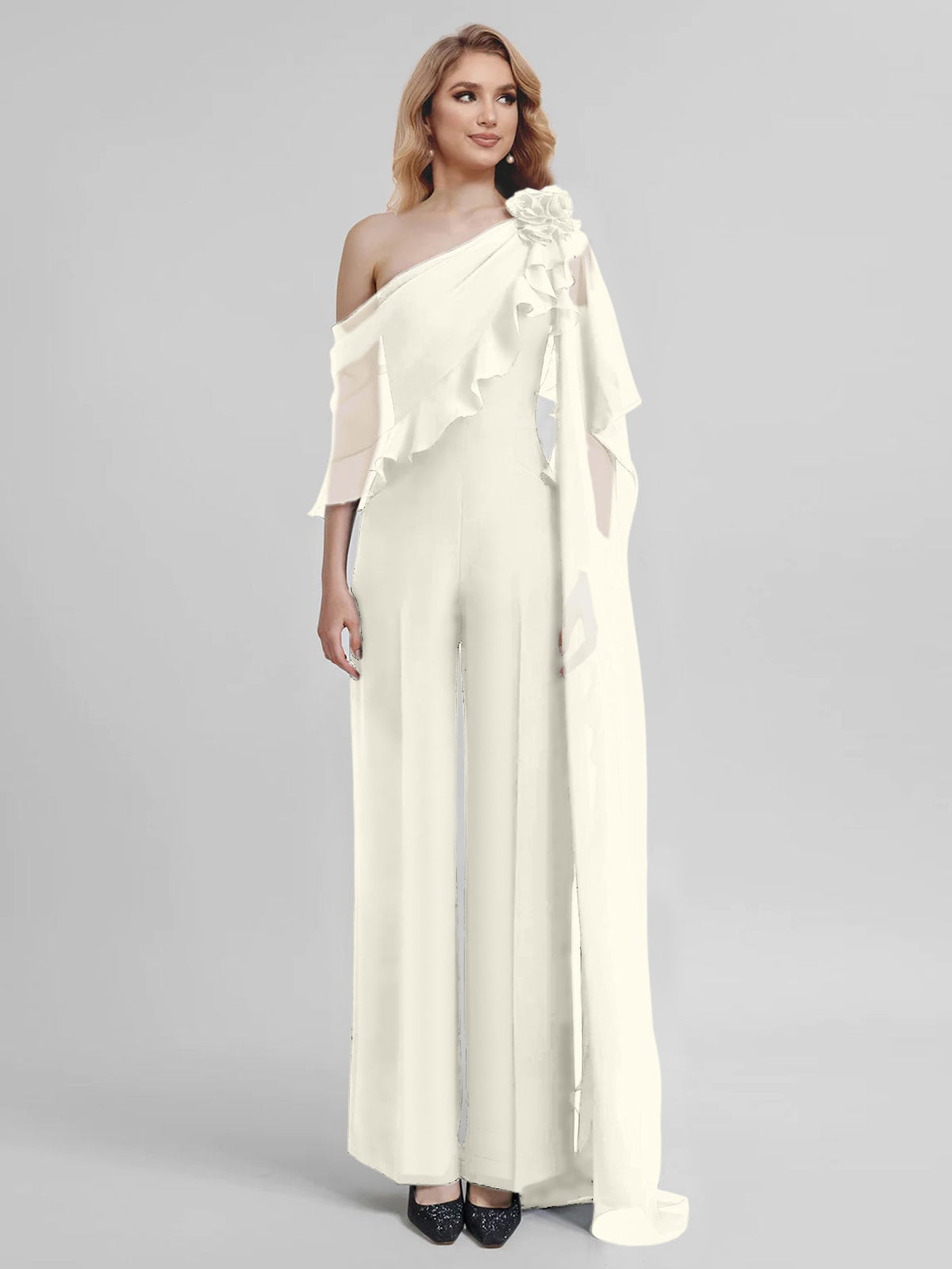 Chiffon One Shoulder Jumpsuits With Half Sleeves For Mother Of The Bride