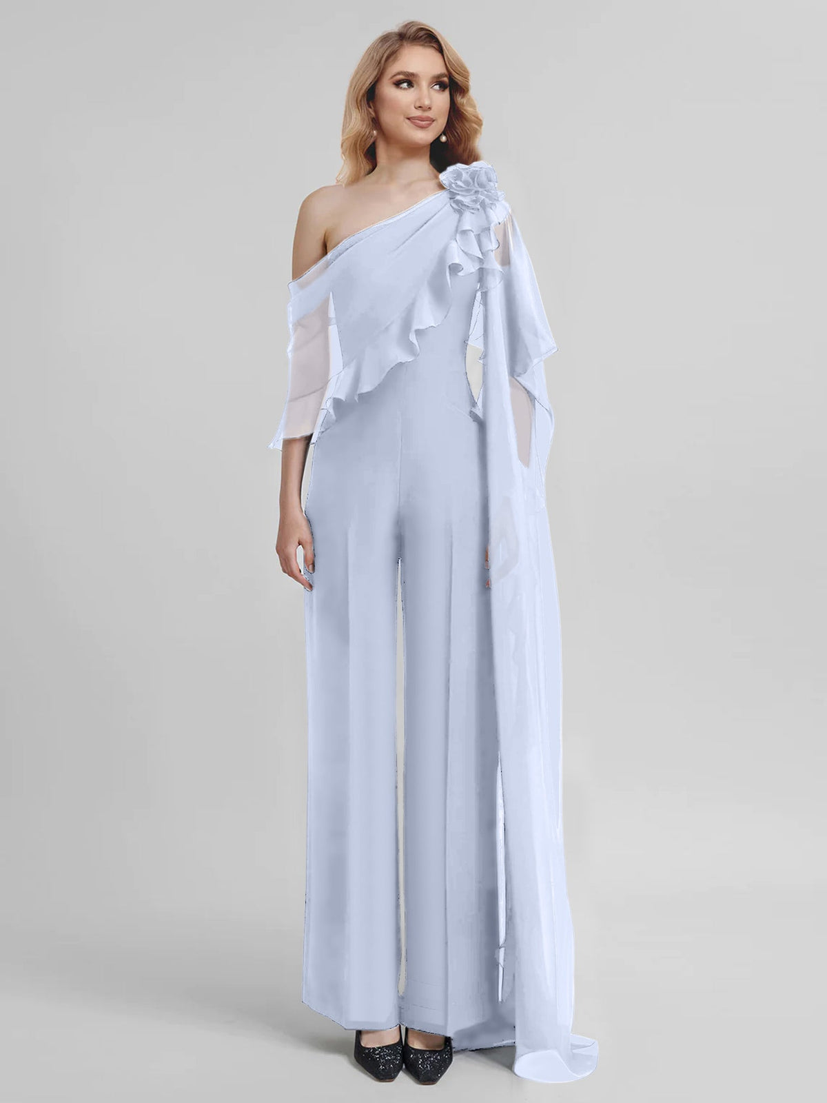 Chiffon One Shoulder Jumpsuits With Half Sleeves For Mother Of The Bride