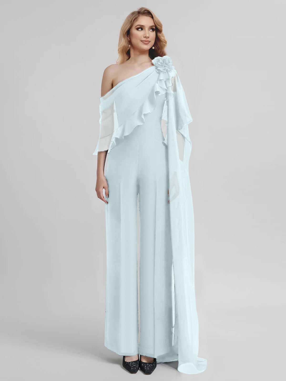 Chiffon One Shoulder Jumpsuits With Half Sleeves For Mother Of The Bride