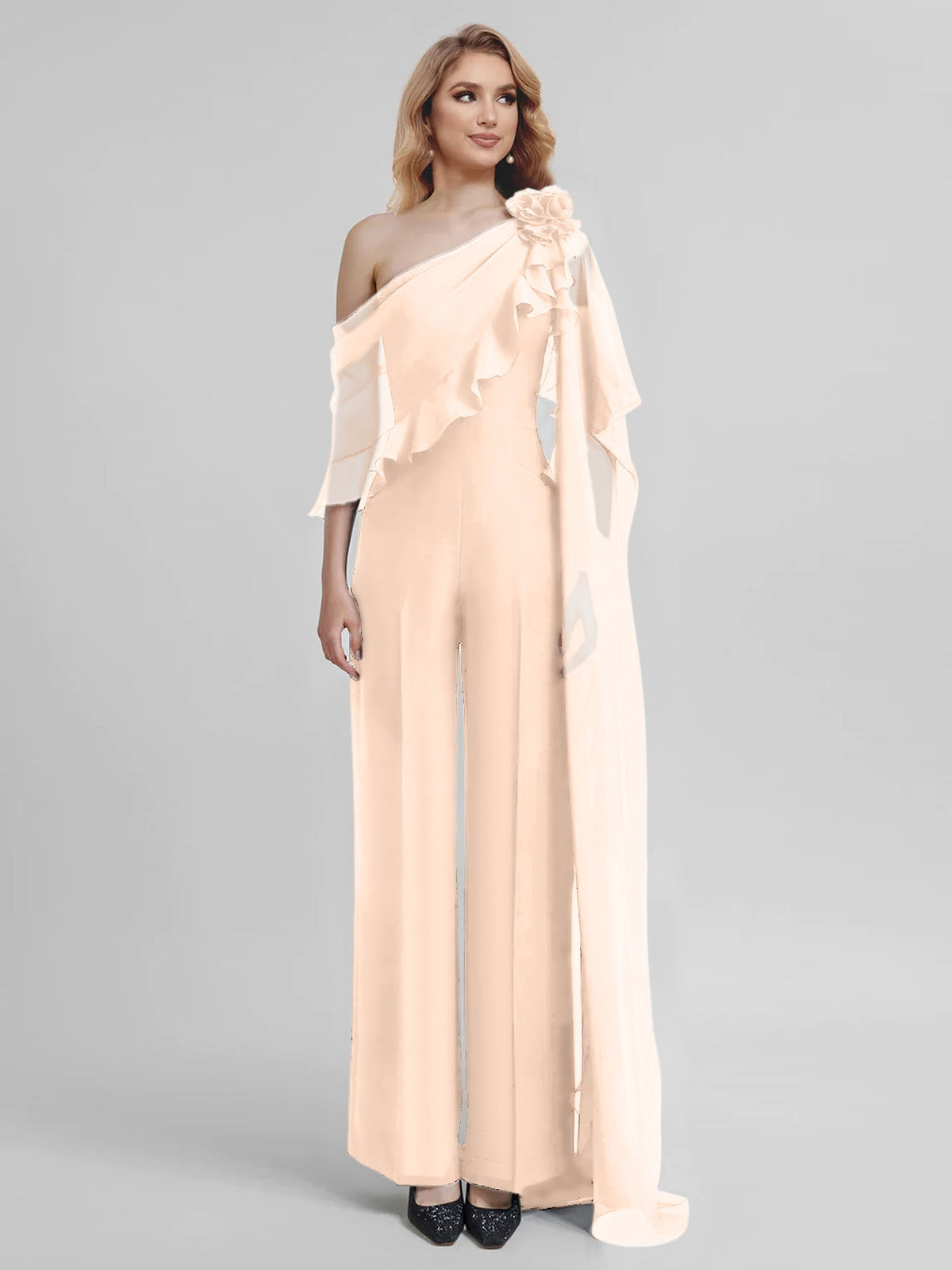 Chiffon One Shoulder Jumpsuits With Half Sleeves For Mother Of The Bride