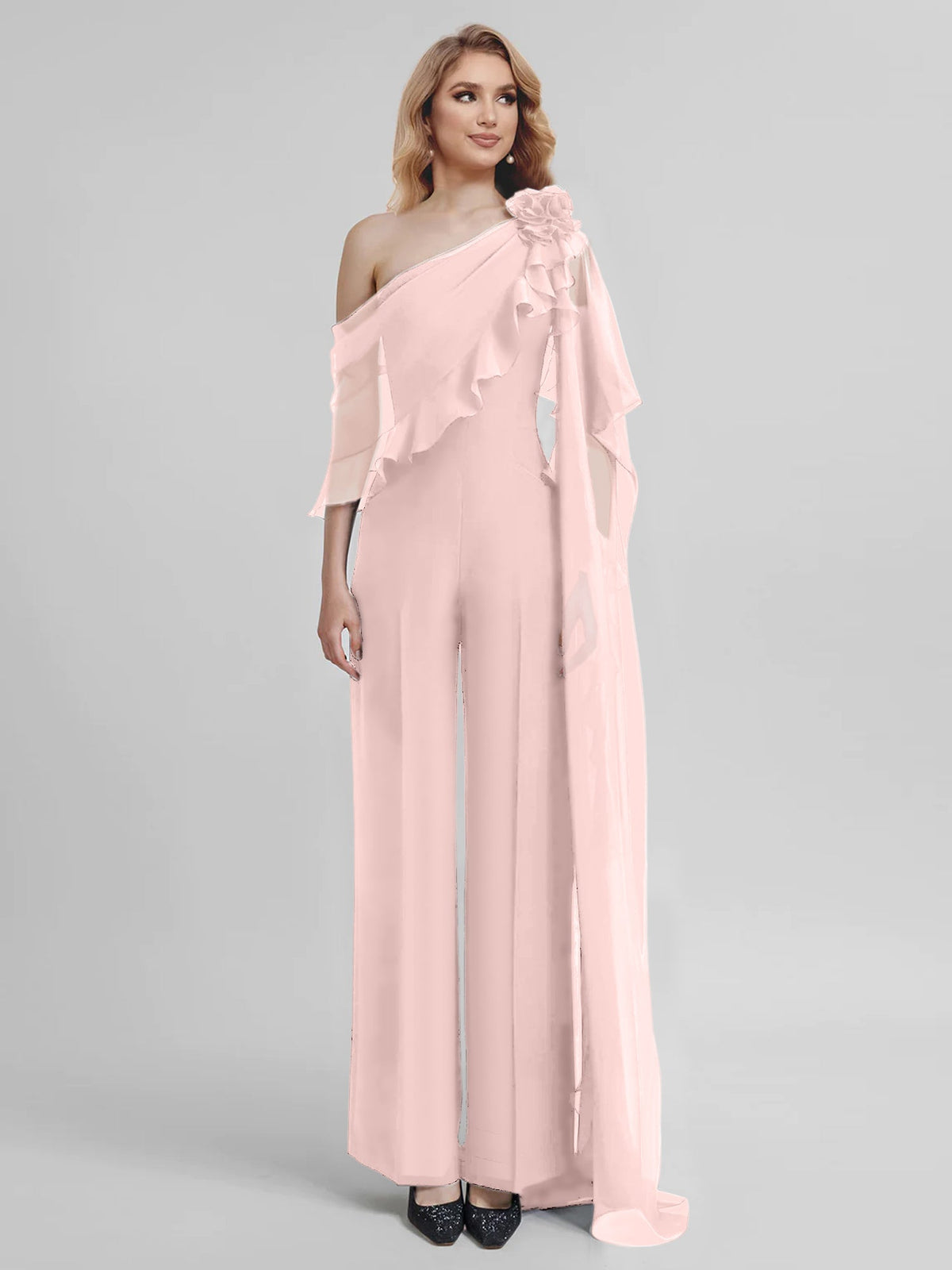 Chiffon One Shoulder Jumpsuits With Half Sleeves For Mother Of The Bride