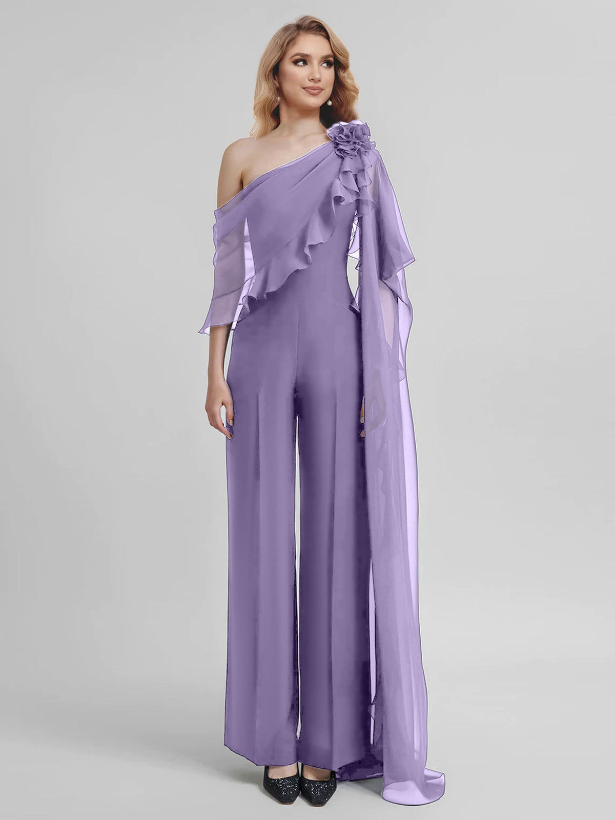 Chiffon One Shoulder Jumpsuits With Half Sleeves For Mother Of The Bride