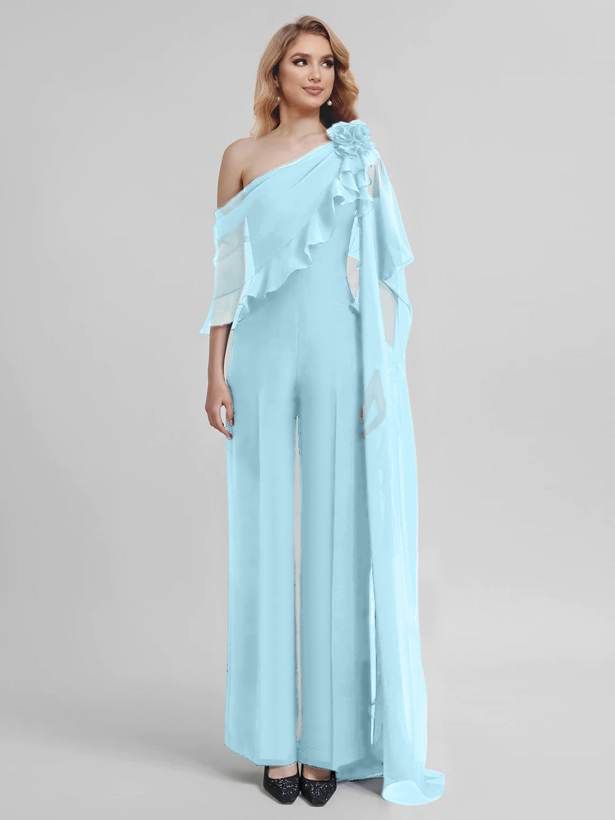 Chiffon One Shoulder Jumpsuits With Half Sleeves For Mother Of The Bride