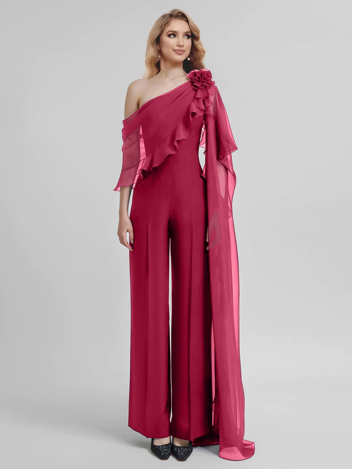 Chiffon One Shoulder Jumpsuits With Half Sleeves For Mother Of The Bride