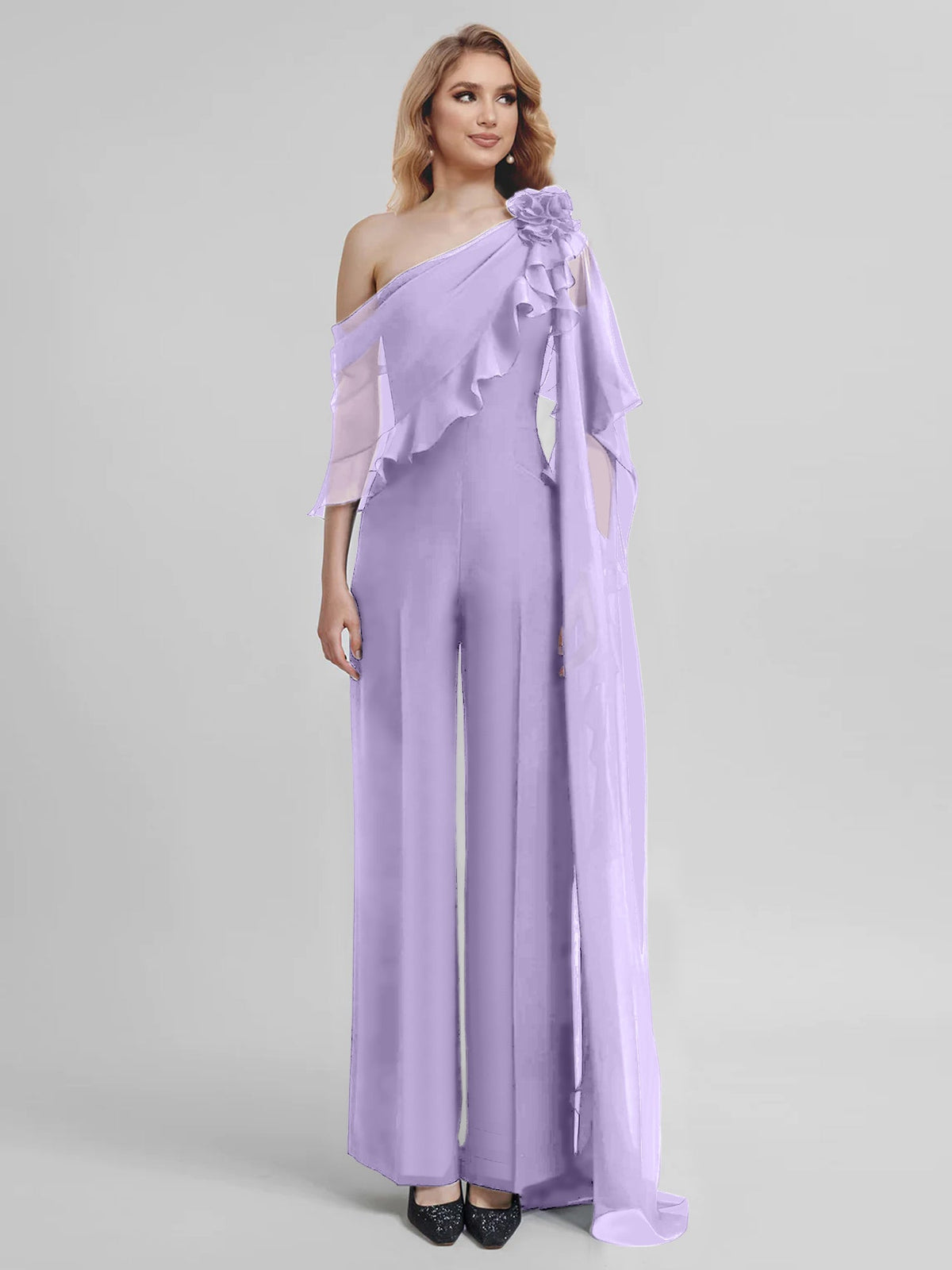 Chiffon One Shoulder Jumpsuits With Half Sleeves For Mother Of The Bride