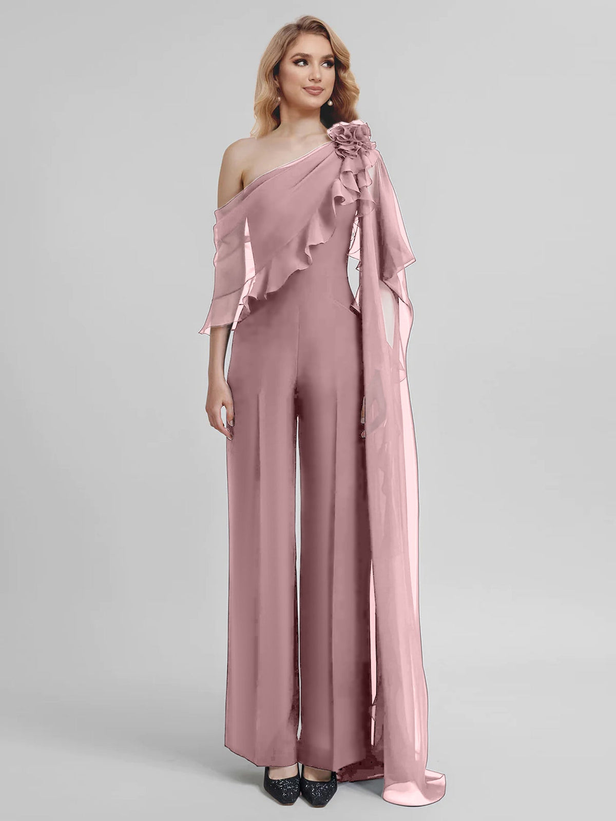 Chiffon One Shoulder Jumpsuits With Half Sleeves For Mother Of The Bride