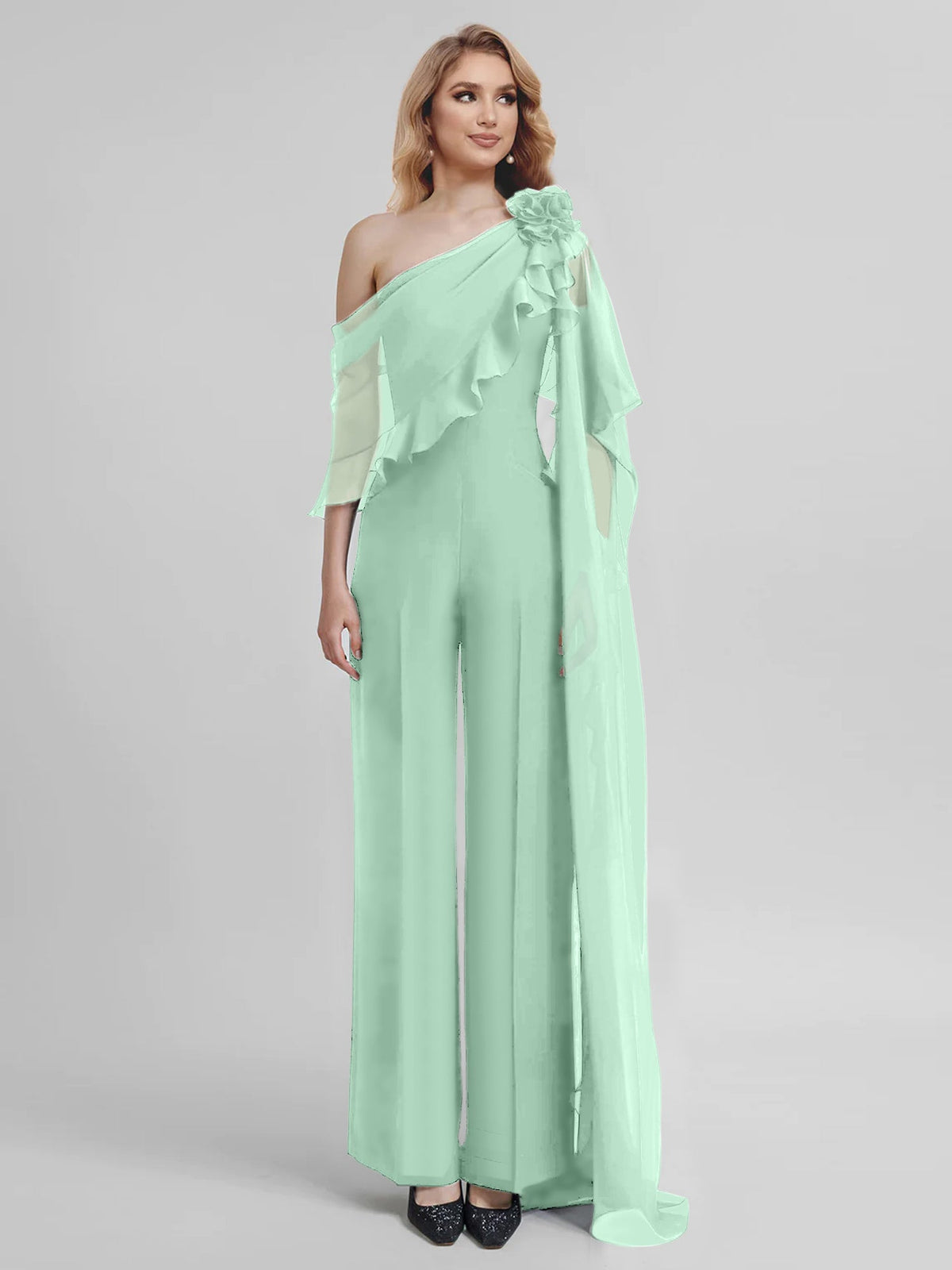 Chiffon One Shoulder Jumpsuits With Half Sleeves For Mother Of The Bride