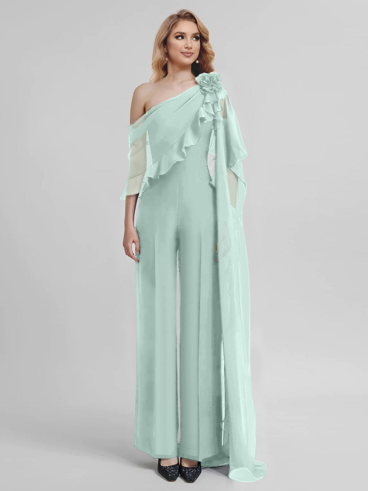 Chiffon One Shoulder Jumpsuits With Half Sleeves For Mother Of The Bride