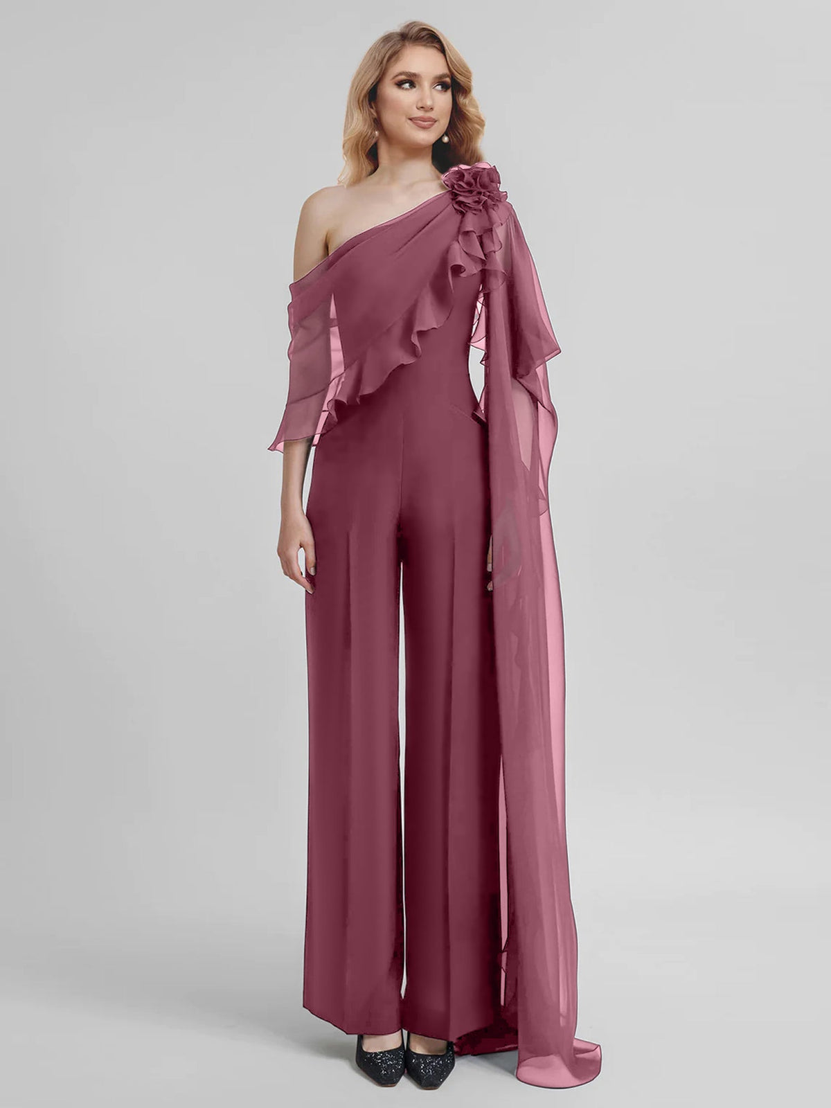 Chiffon One Shoulder Jumpsuits With Half Sleeves For Mother Of The Bride