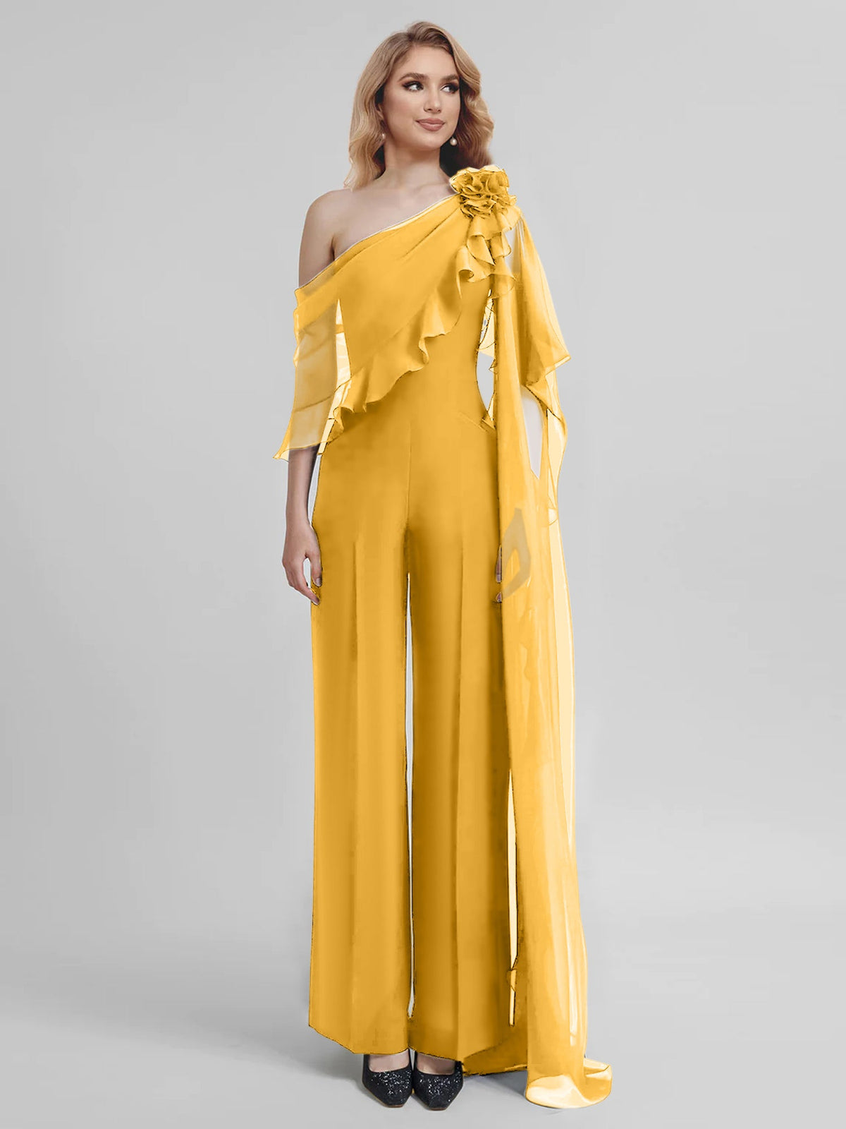 Chiffon One Shoulder Jumpsuits With Half Sleeves For Mother Of The Bride