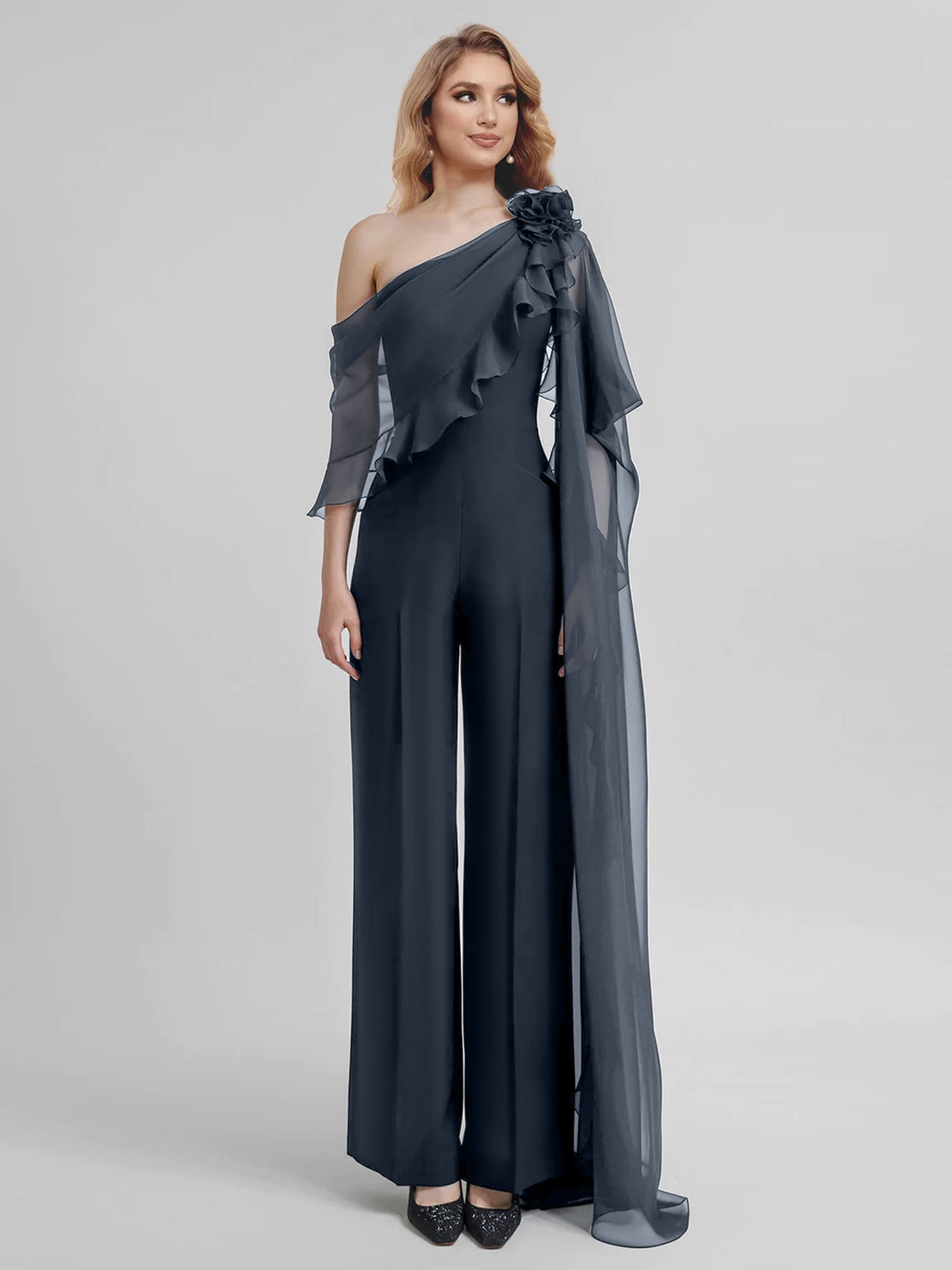 Chiffon One Shoulder Jumpsuits With Half Sleeves For Mother Of The Bride