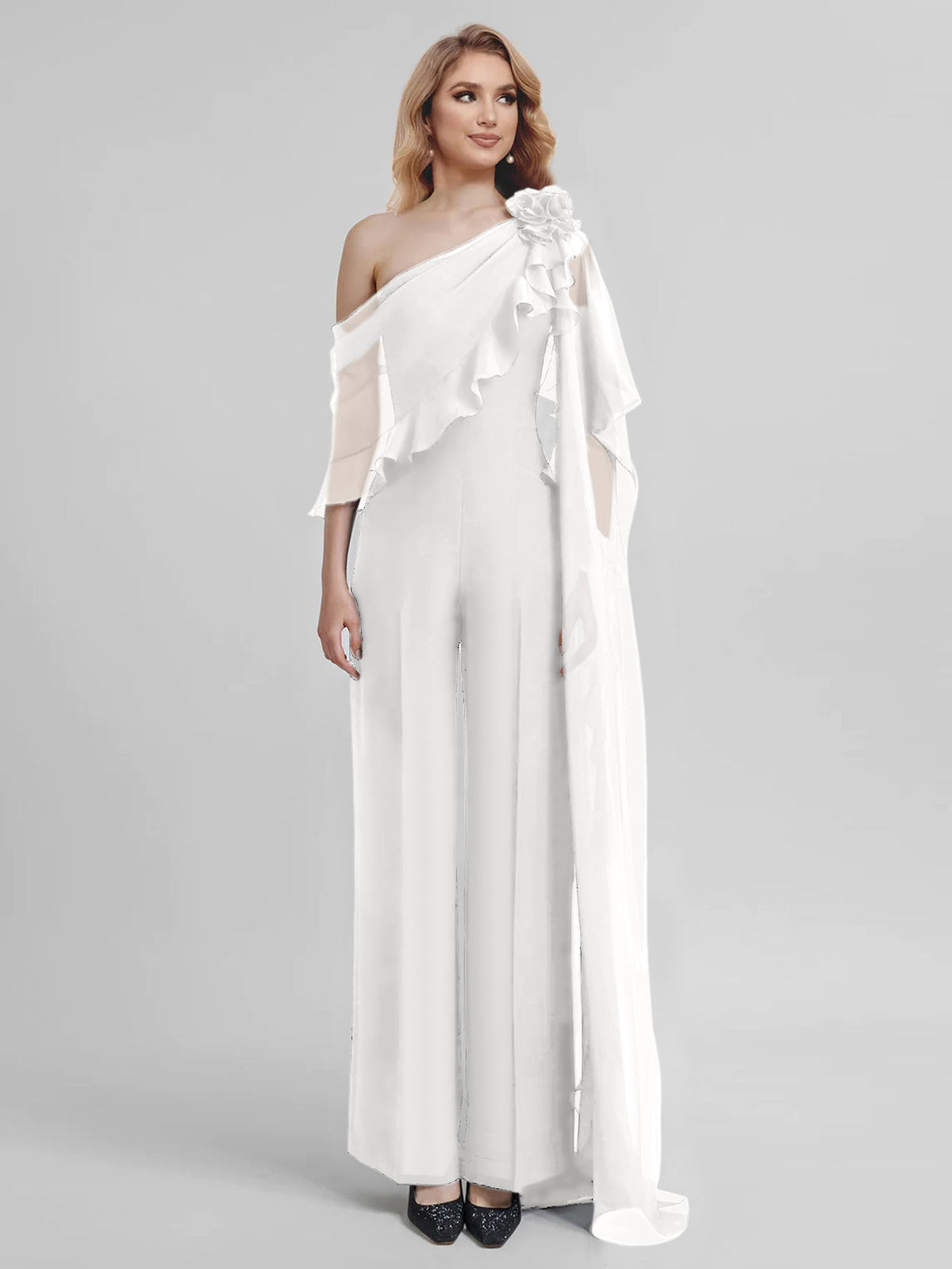 Chiffon One Shoulder Jumpsuits With Half Sleeves For Mother Of The Bride