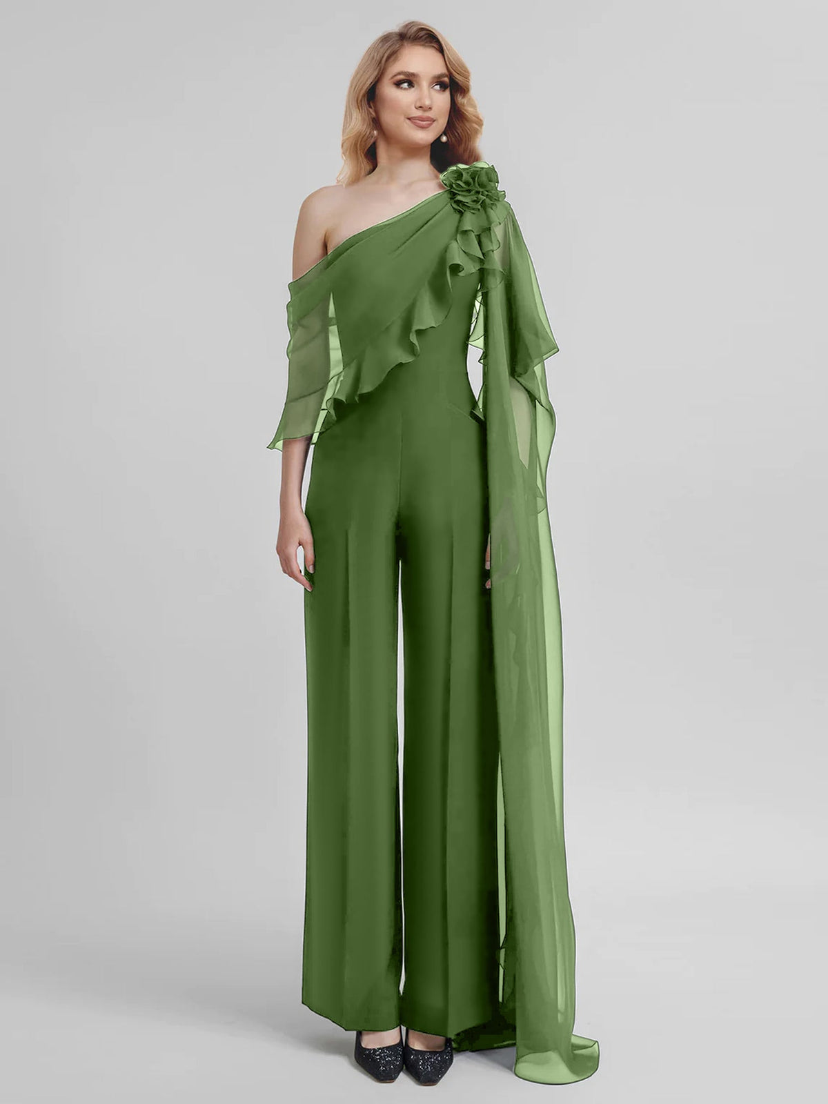 Chiffon One Shoulder Jumpsuits With Half Sleeves For Mother Of The Bride