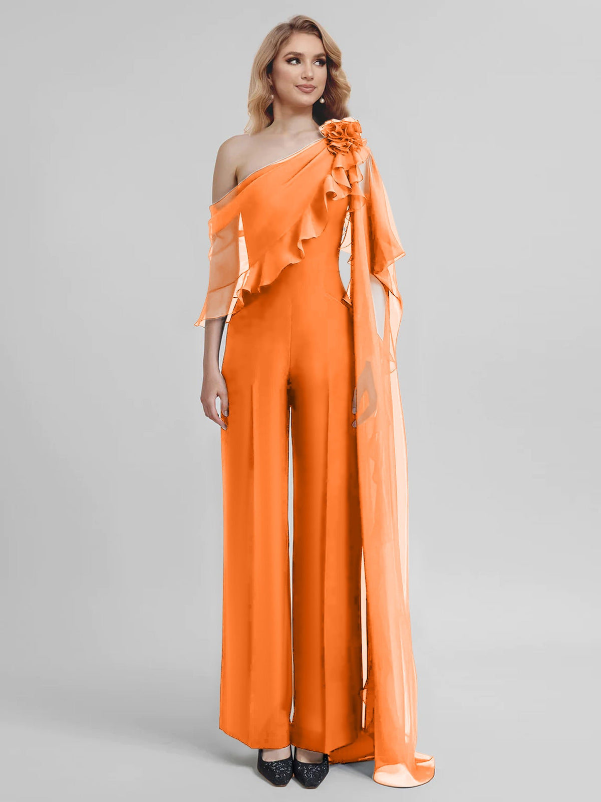 Chiffon One Shoulder Jumpsuits With Half Sleeves For Mother Of The Bride