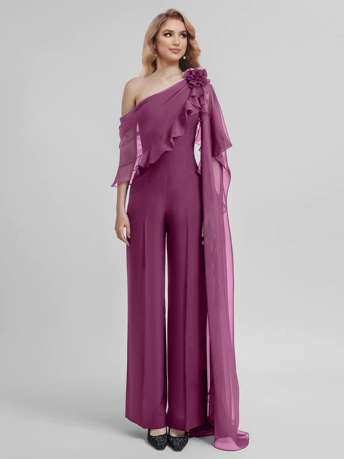 Chiffon One Shoulder Jumpsuits With Half Sleeves For Mother Of The Bride