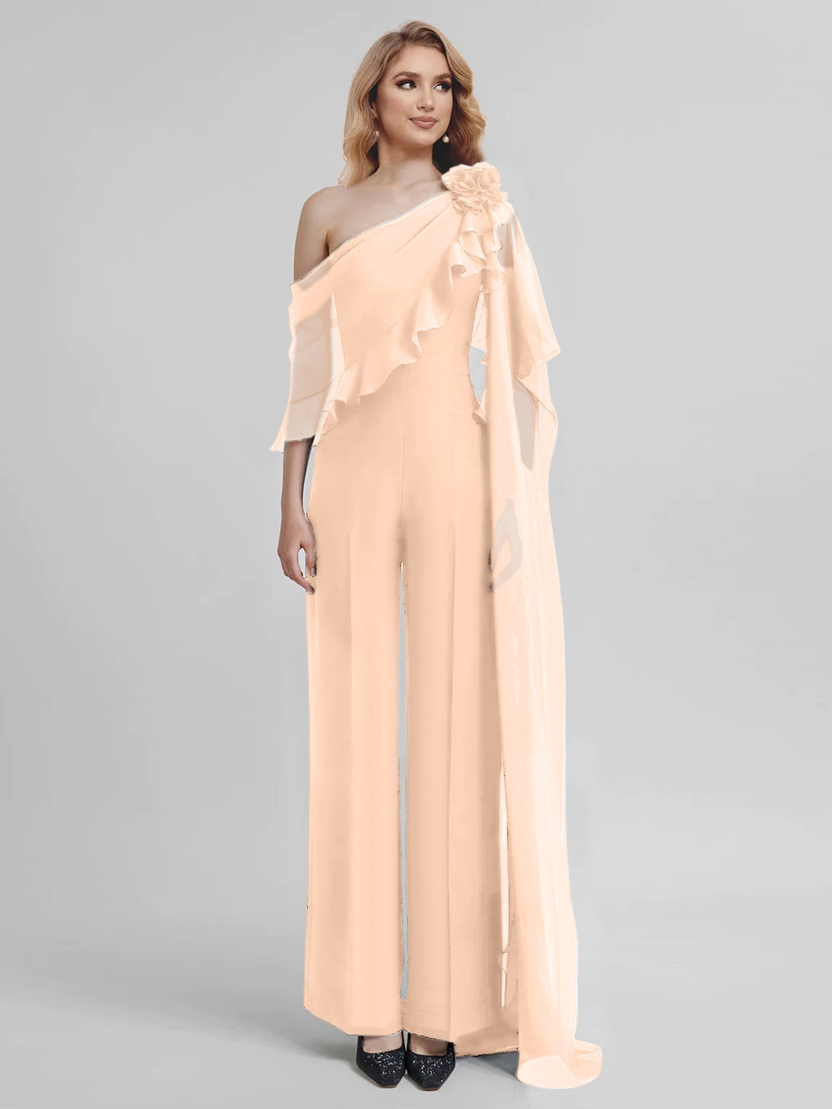 Chiffon One Shoulder Jumpsuits With Half Sleeves For Mother Of The Bride