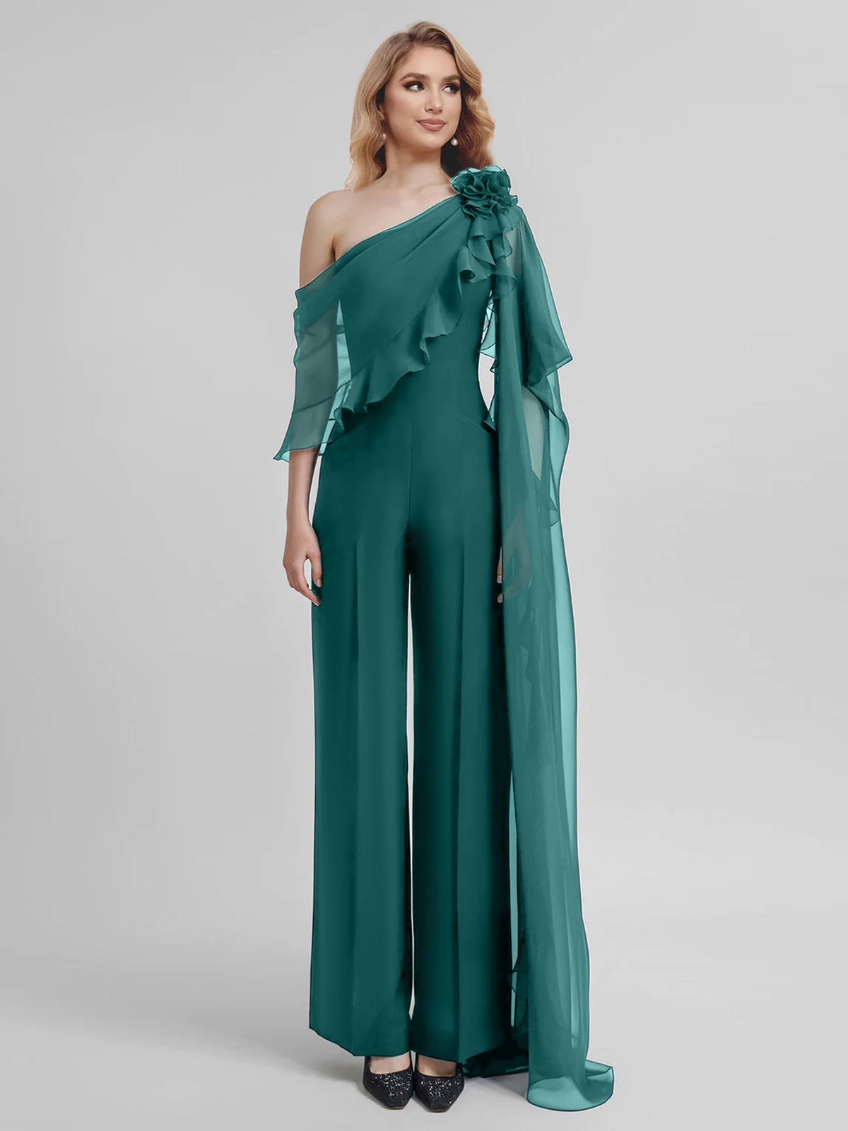 Chiffon One Shoulder Jumpsuits With Half Sleeves For Mother Of The Bride