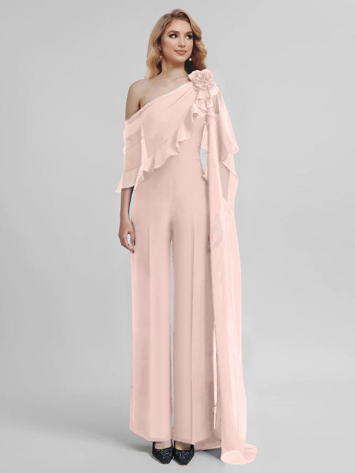 Chiffon One Shoulder Jumpsuits With Half Sleeves For Mother Of The Bride