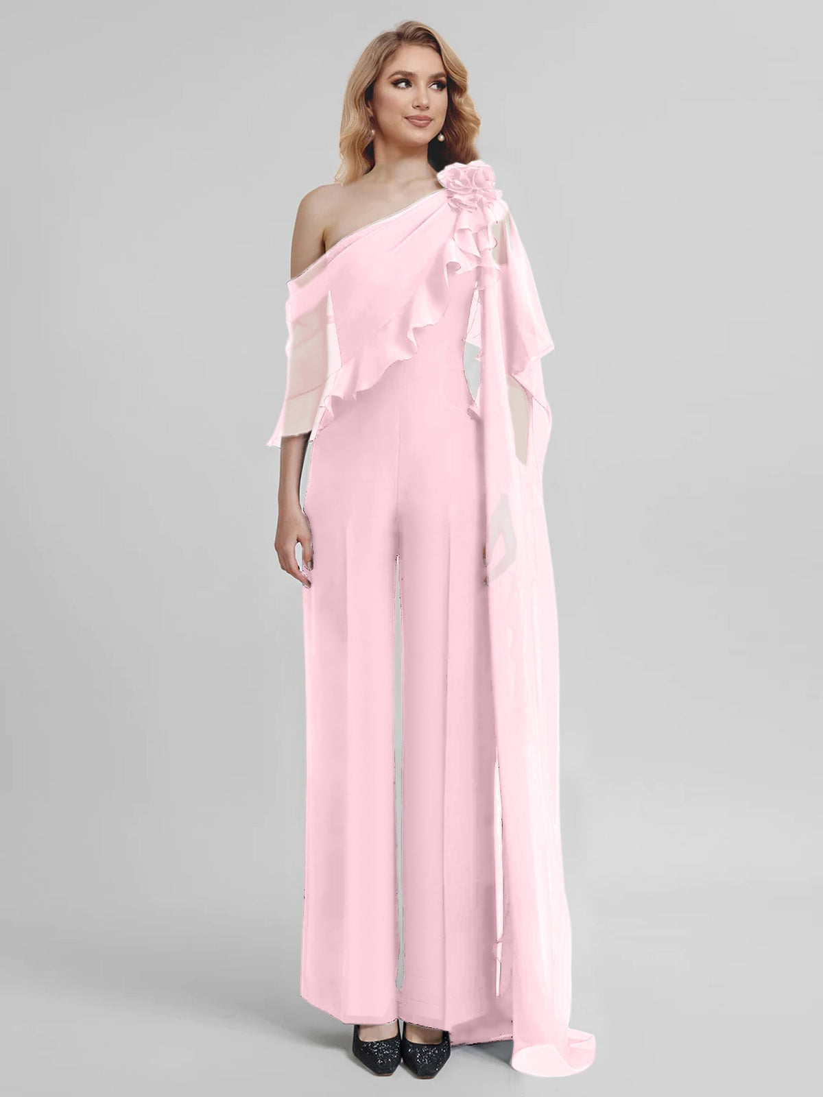 Chiffon One Shoulder Jumpsuits With Half Sleeves For Mother Of The Bride