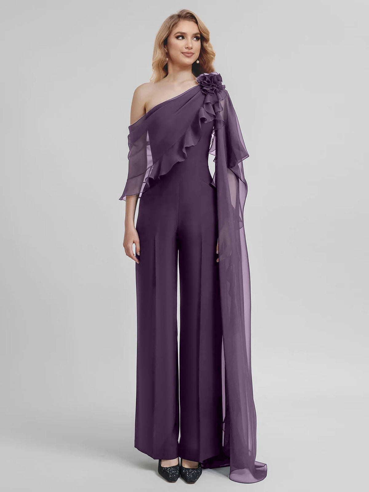 Chiffon One Shoulder Jumpsuits With Half Sleeves For Mother Of The Bride