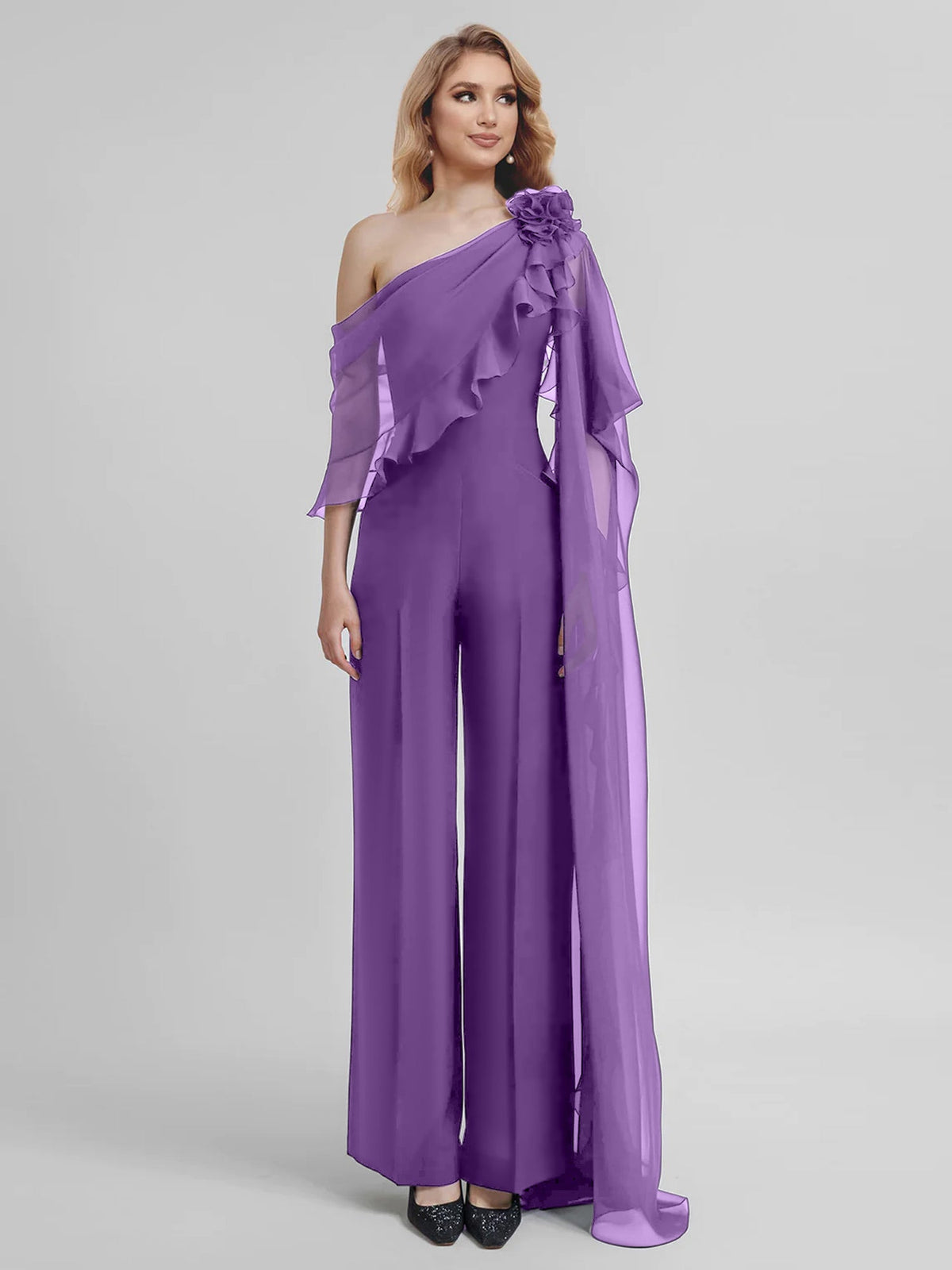 Chiffon One Shoulder Jumpsuits With Half Sleeves For Mother Of The Bride