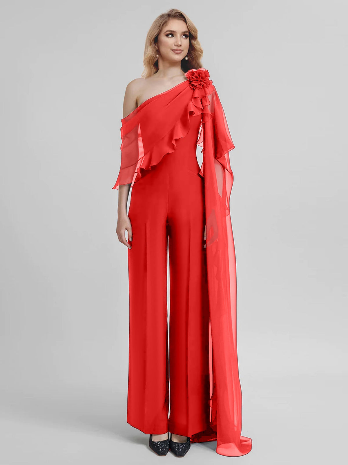 Chiffon One Shoulder Jumpsuits With Half Sleeves For Mother Of The Bride