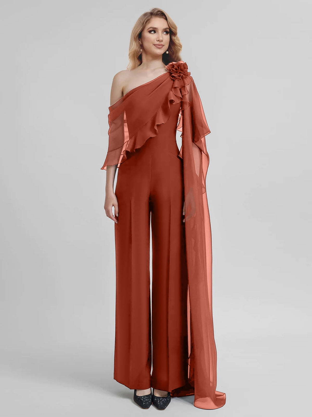 Chiffon One Shoulder Jumpsuits With Half Sleeves For Mother Of The Bride