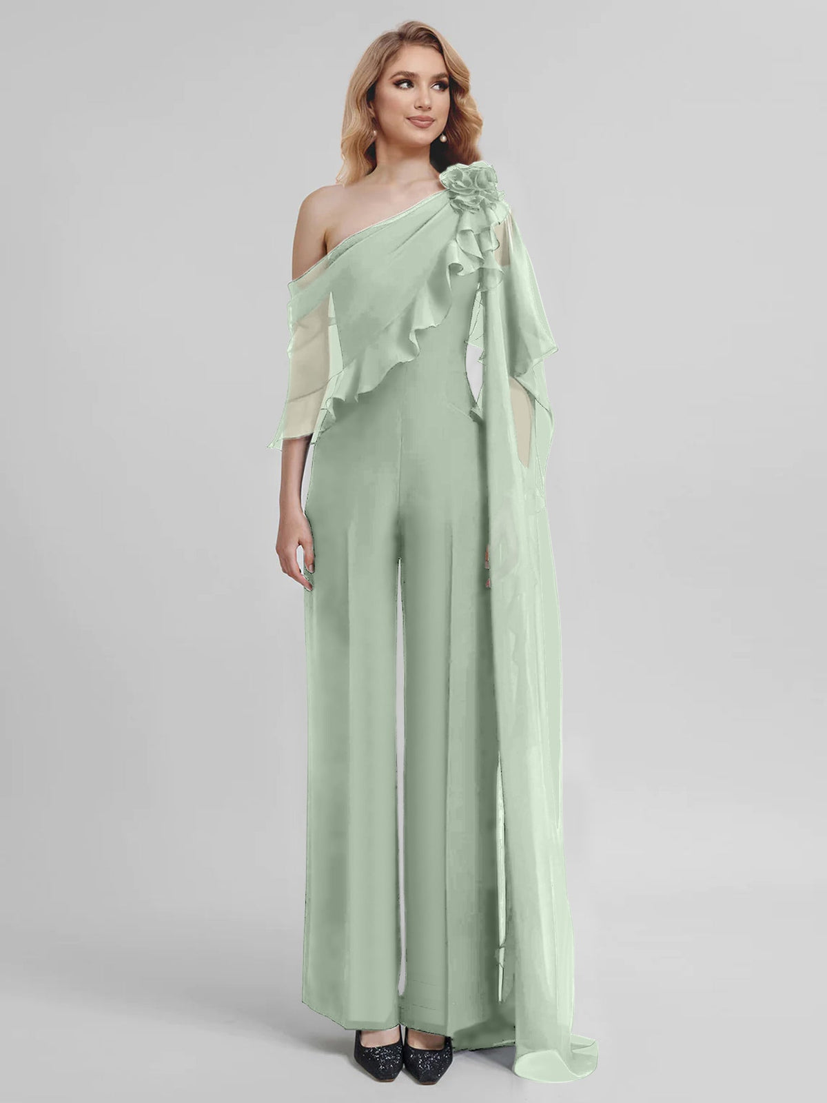 Chiffon One Shoulder Jumpsuits With Half Sleeves For Mother Of The Bride