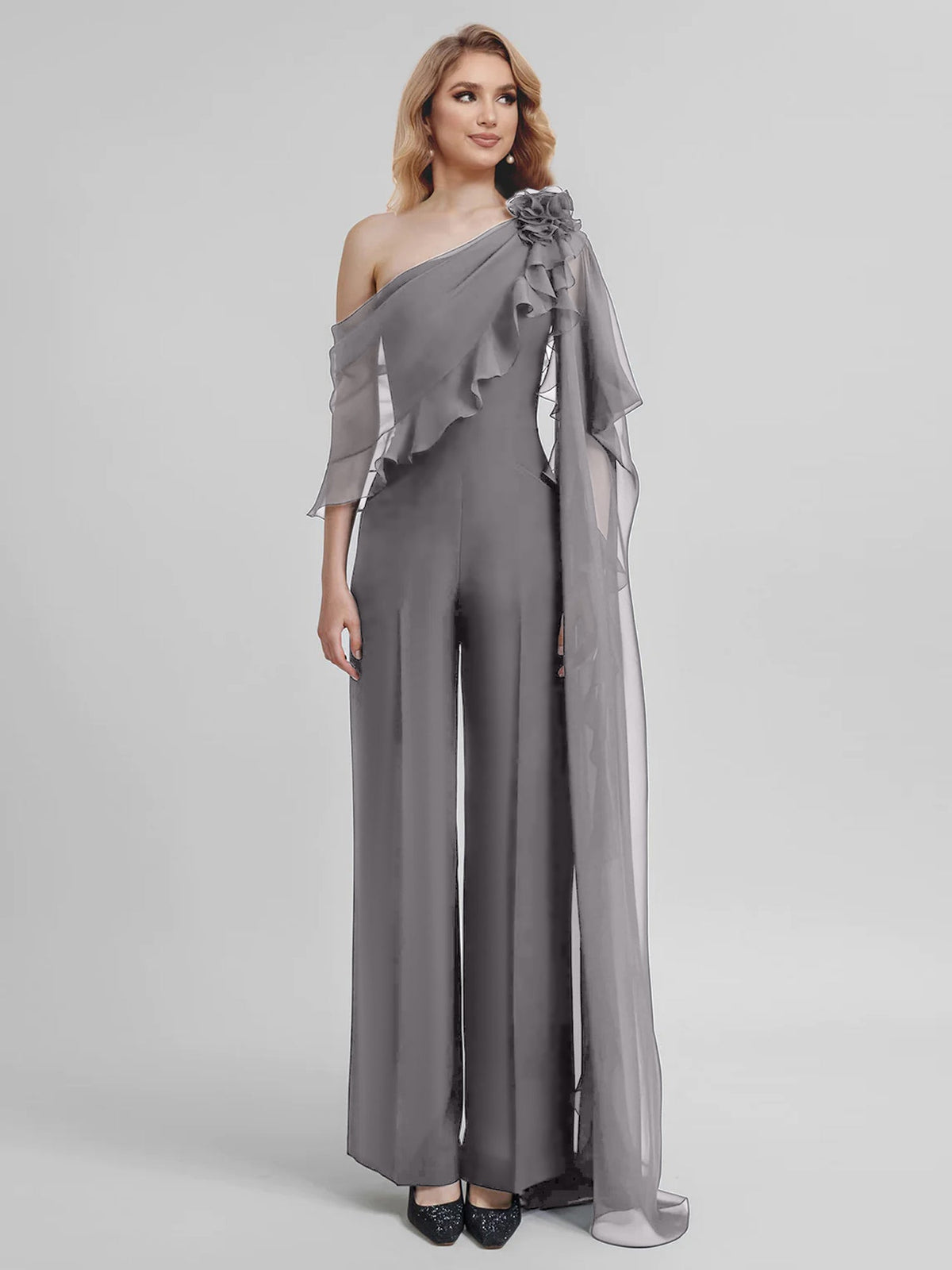 Chiffon One Shoulder Jumpsuits With Half Sleeves For Mother Of The Bride
