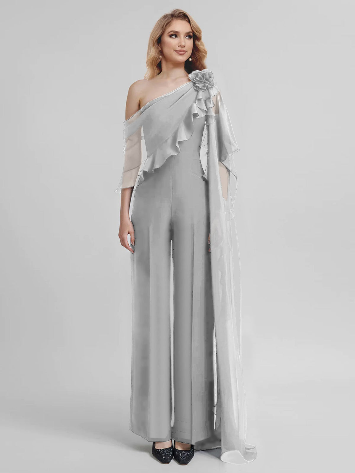 Chiffon One Shoulder Jumpsuits With Half Sleeves For Mother Of The Bride