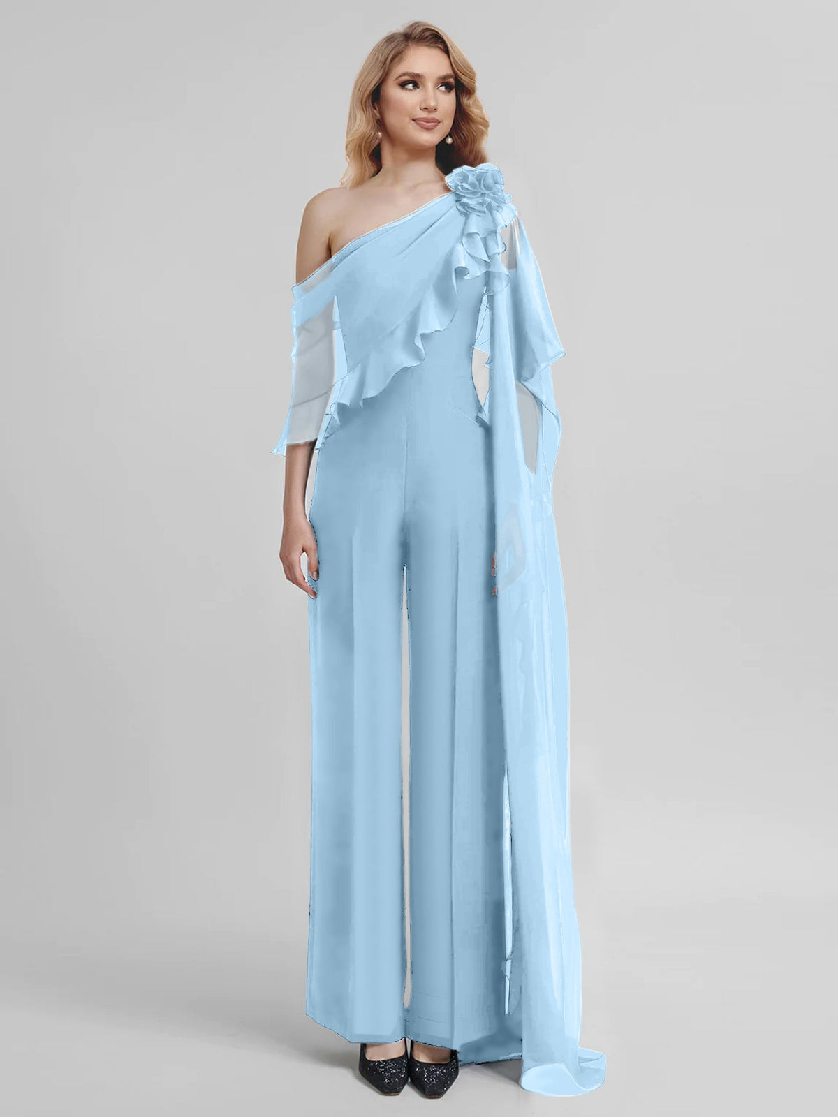 Chiffon One Shoulder Jumpsuits With Half Sleeves For Mother Of The Bride