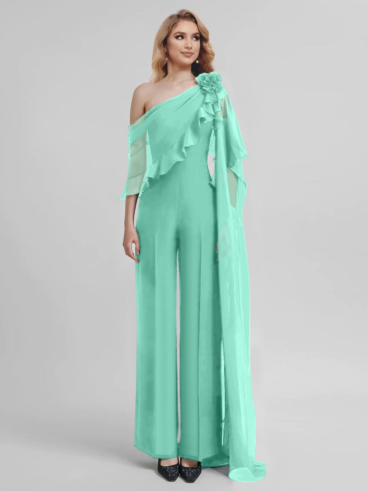 Chiffon One Shoulder Jumpsuits With Half Sleeves For Mother Of The Bride