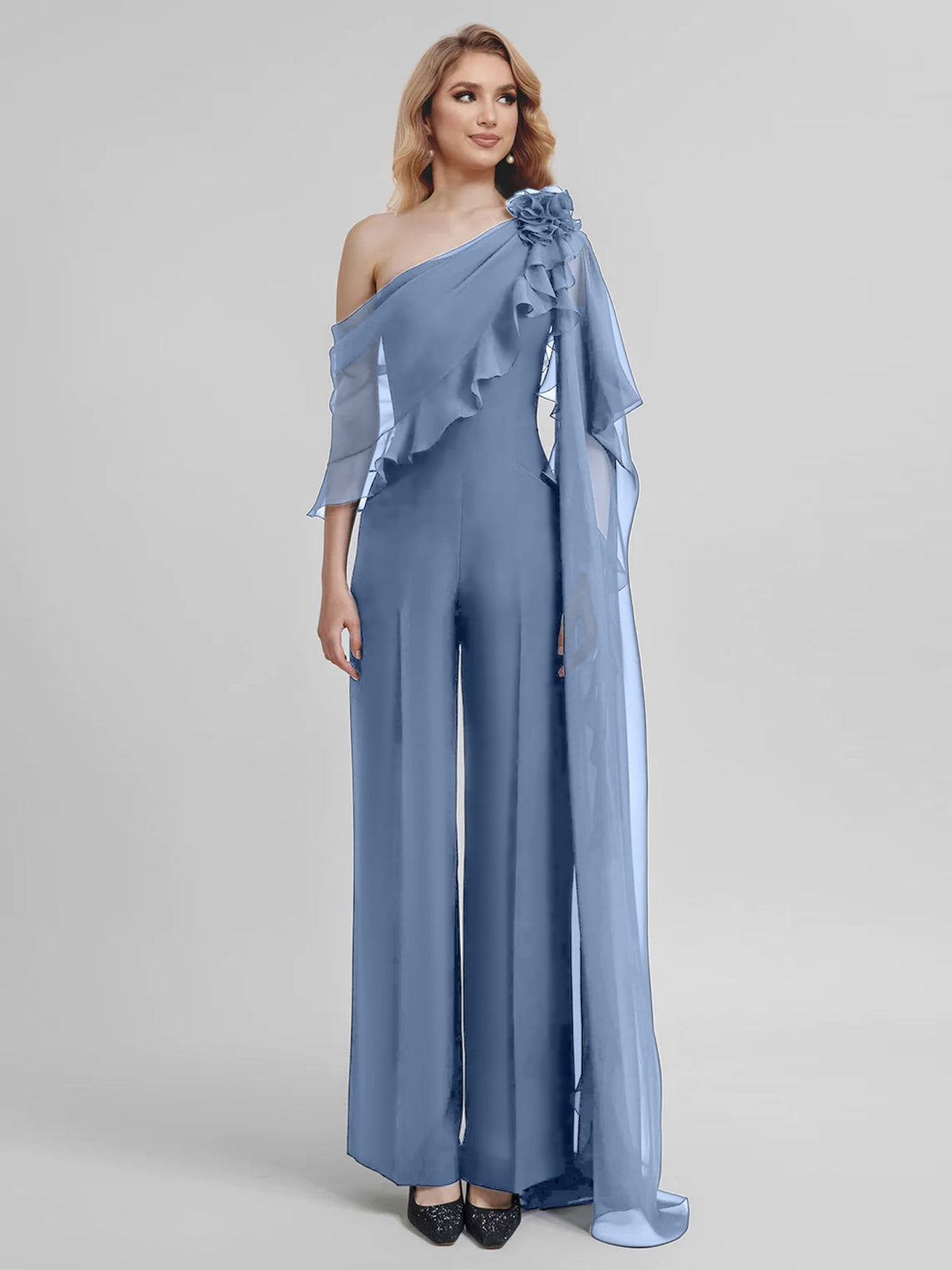 Chiffon One Shoulder Jumpsuits With Half Sleeves For Mother Of The Bride