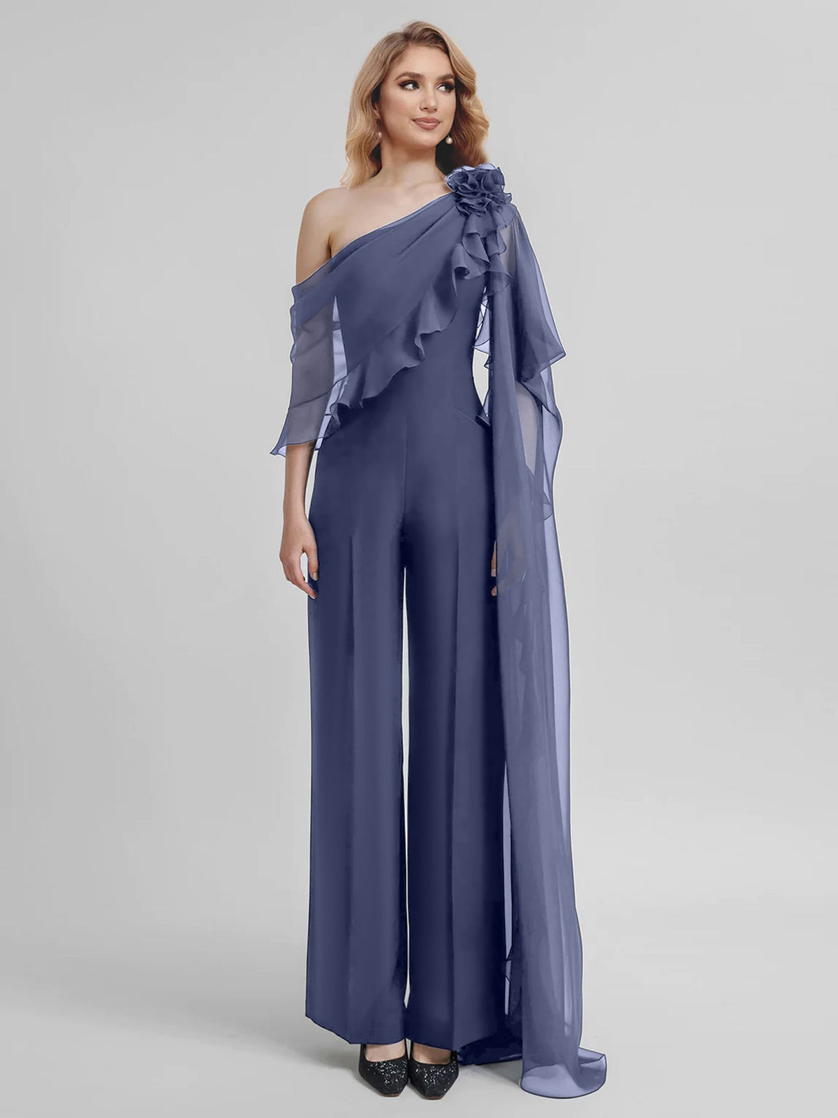 Chiffon One Shoulder Jumpsuits With Half Sleeves For Mother Of The Bride