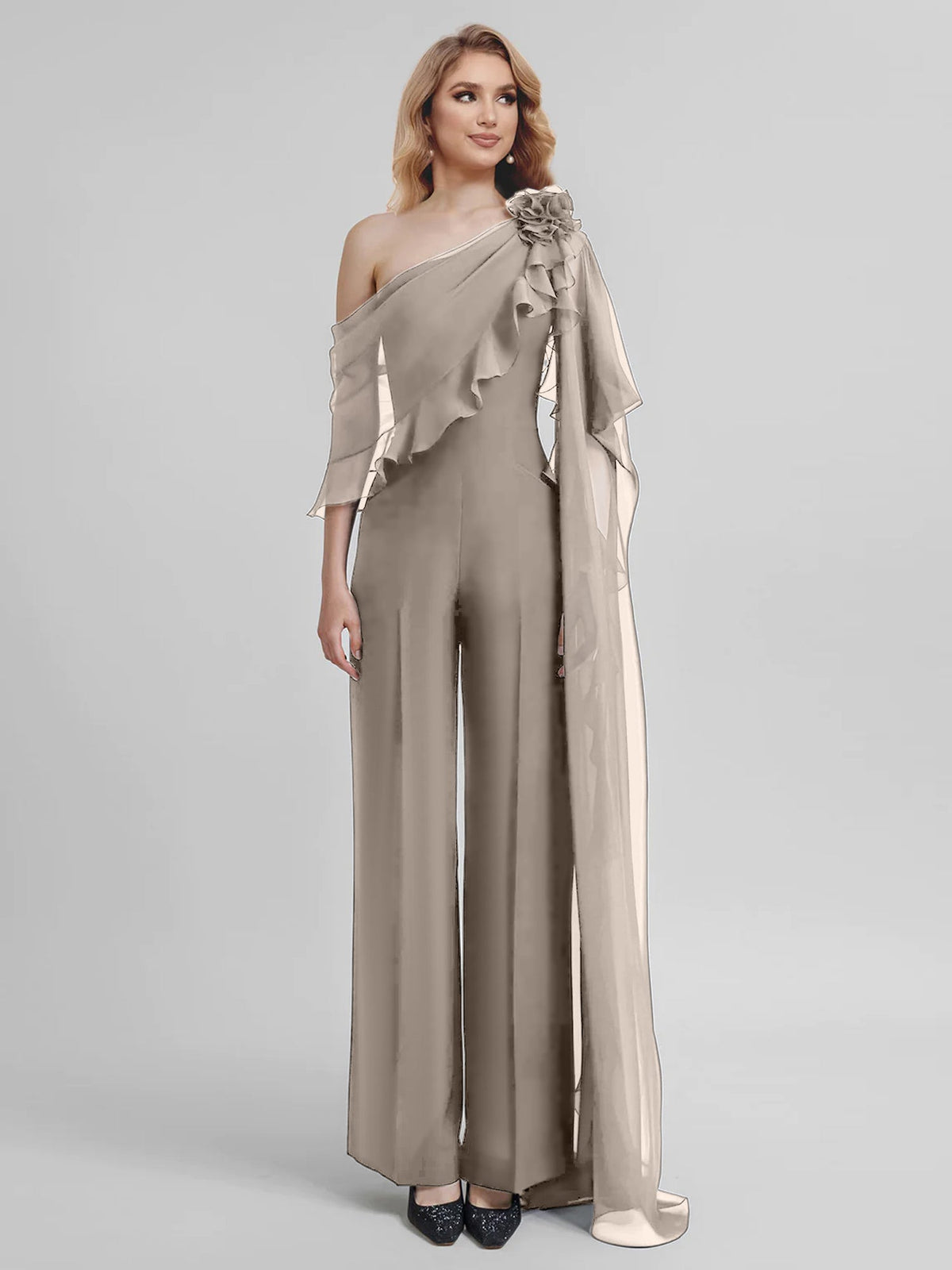 Chiffon One Shoulder Jumpsuits With Half Sleeves For Mother Of The Bride