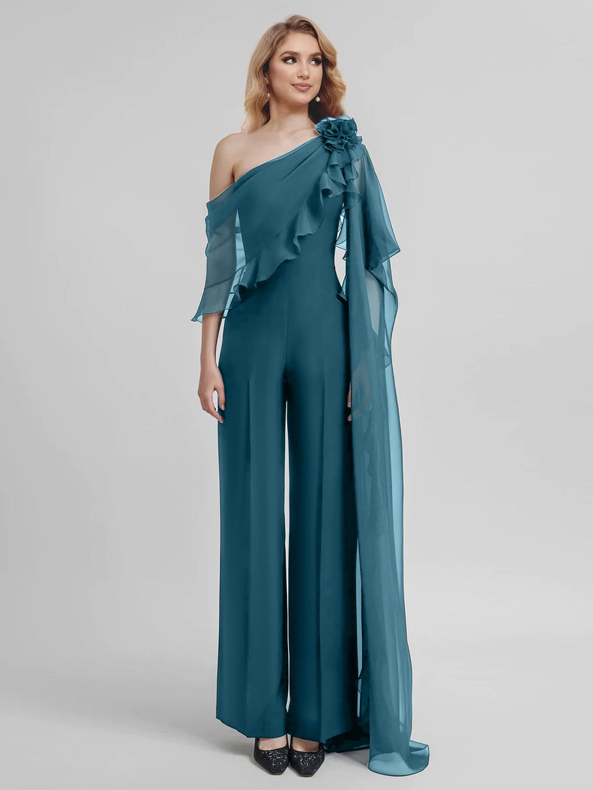 Chiffon One Shoulder Jumpsuits With Half Sleeves For Mother Of The Bride