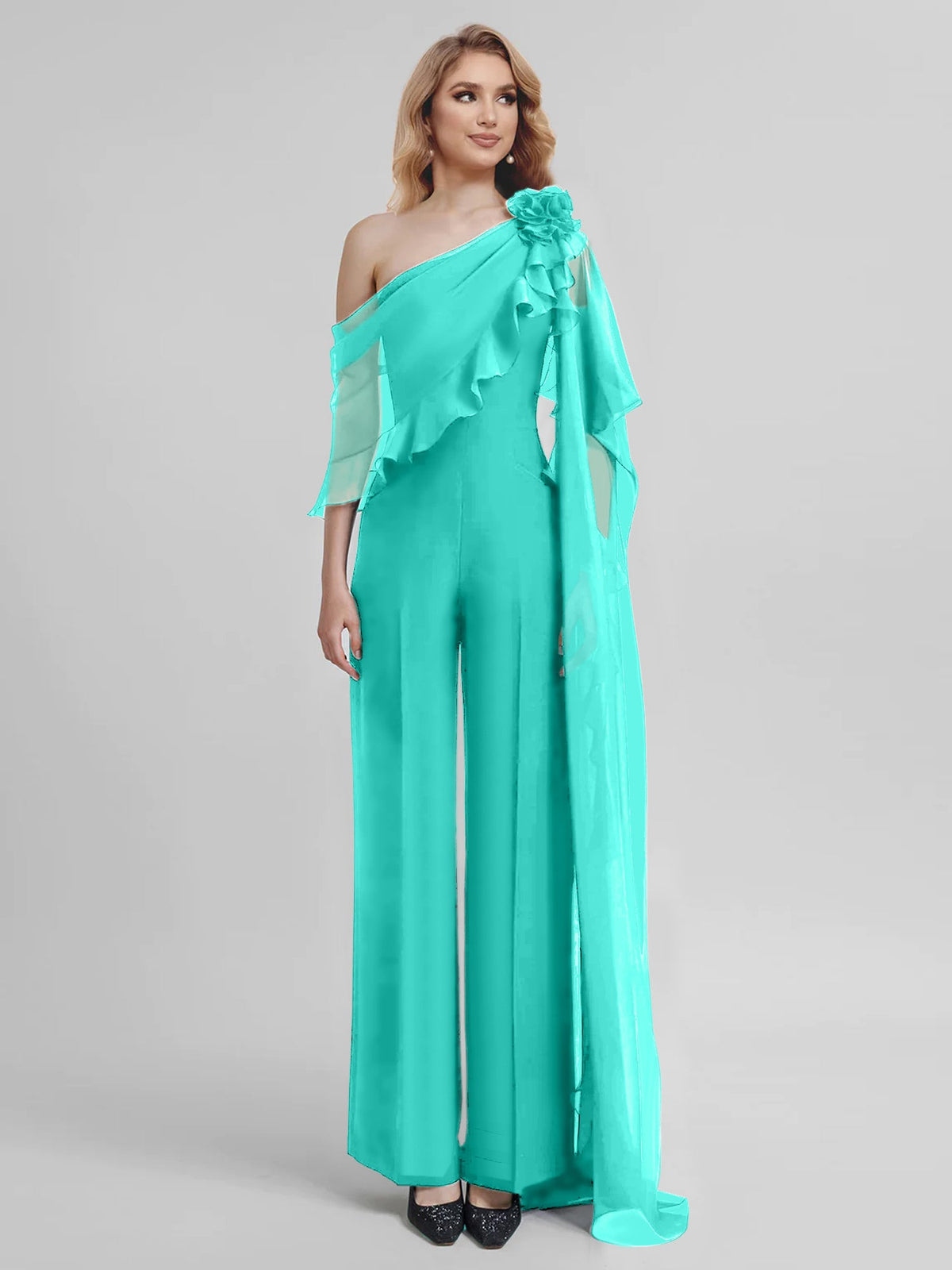 Chiffon One Shoulder Jumpsuits With Half Sleeves For Mother Of The Bride