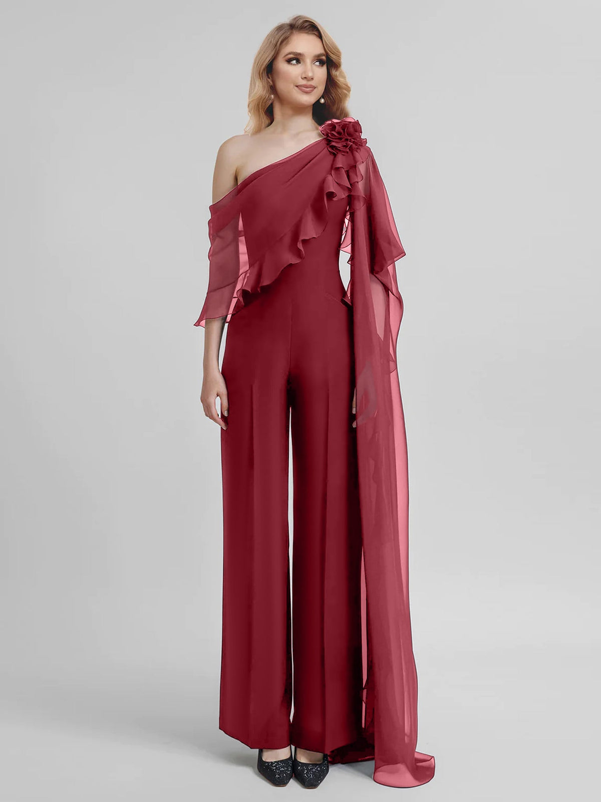 Chiffon One Shoulder Jumpsuits With Half Sleeves For Mother Of The Bride