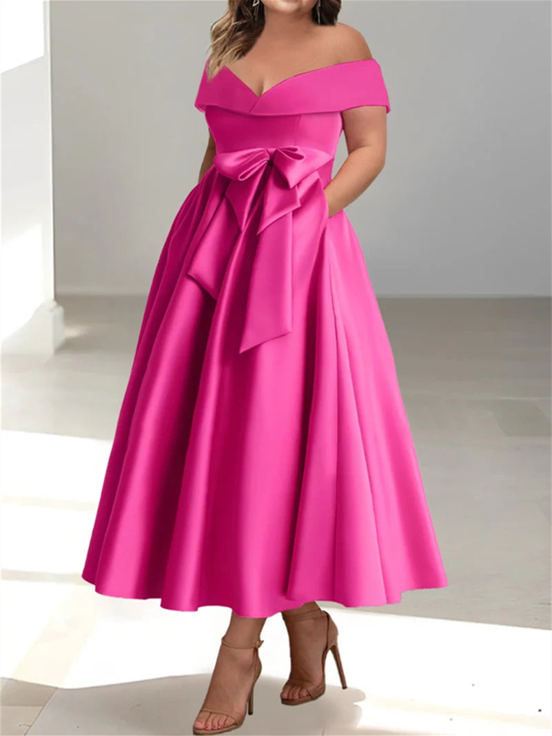 Plus Size Off Shoulder Sleeveless A Line Mother Of The Bride Dress With Pockets