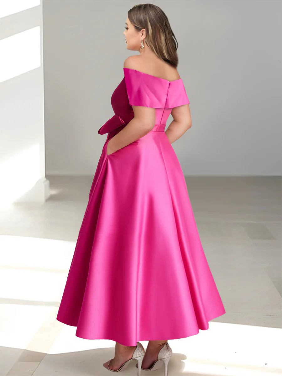Plus Size Off Shoulder Sleeveless A Line Mother Of The Bride Dress With Pockets