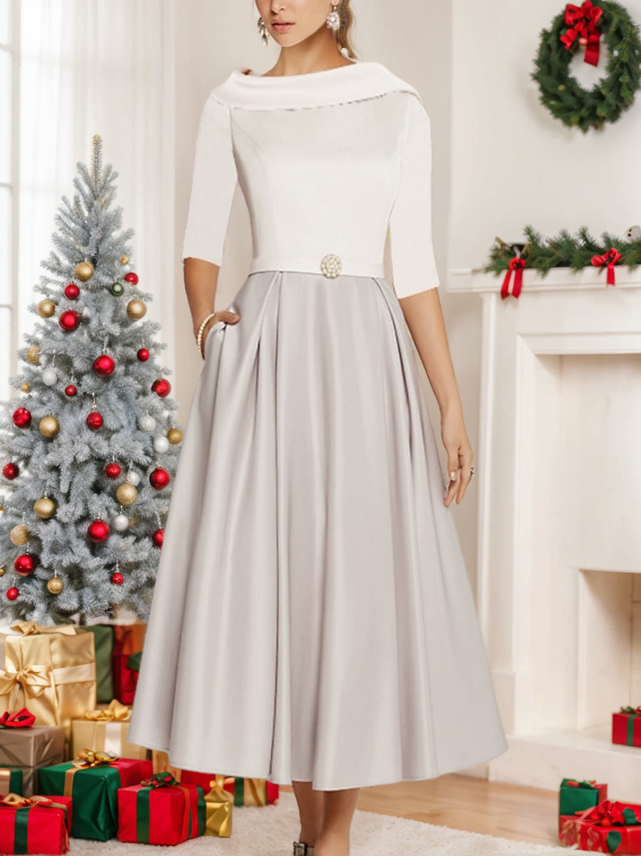 Tea Length Mother Of The Bride Dress A Line With Jewel Neckline And Pockets