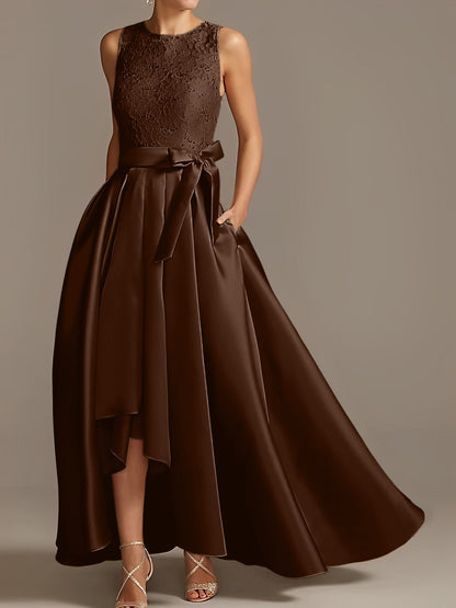 Vestidos de madre de la novia de corte A/princesa, sin mangas, con escote joya y encaje plisado 