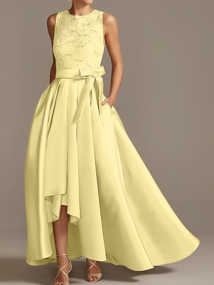 Vestidos de madre de la novia de corte A/princesa, sin mangas, con escote joya y encaje plisado 